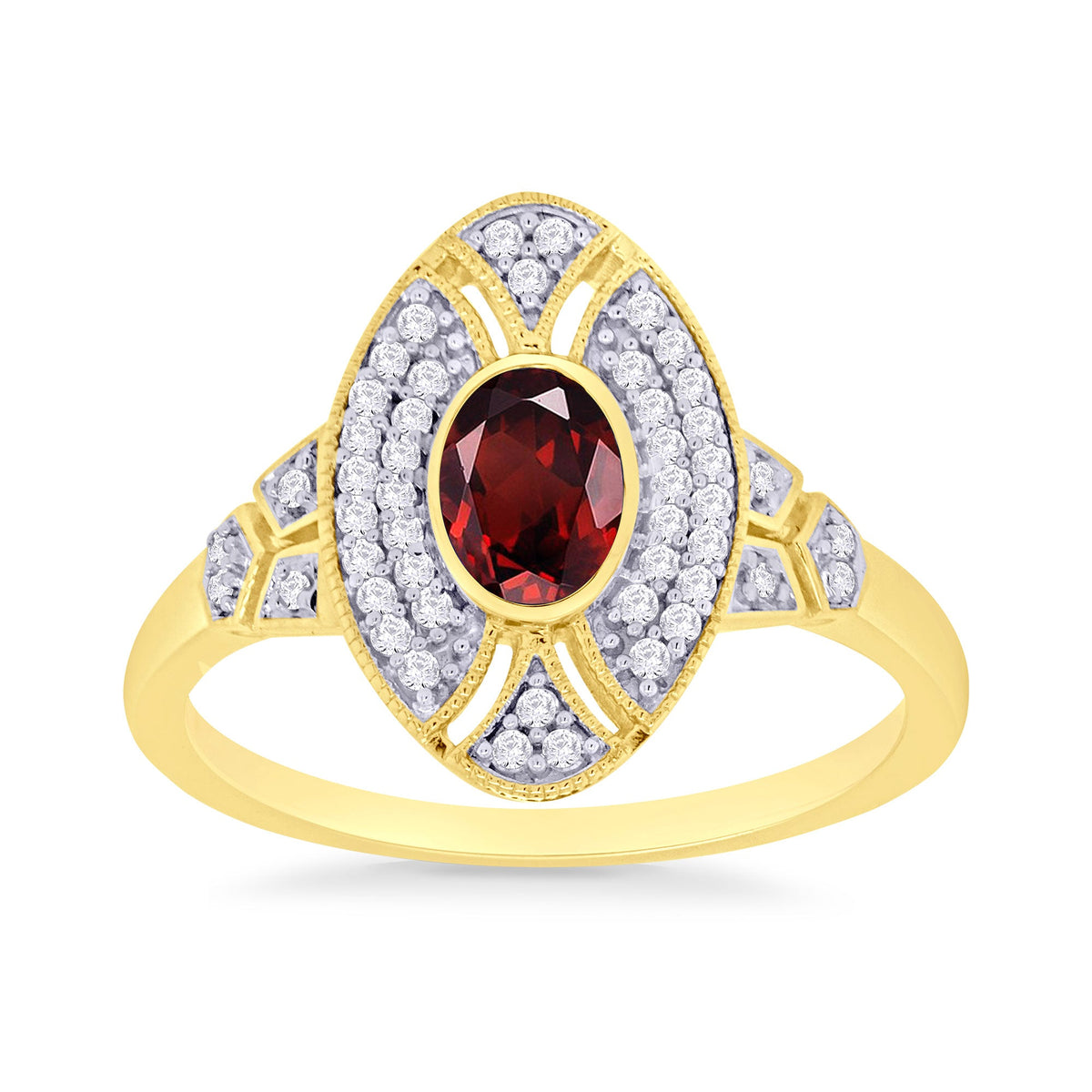 9ct gold 6x4mm oval garnet &amp; antique style diamond cluster ring 0.18ct