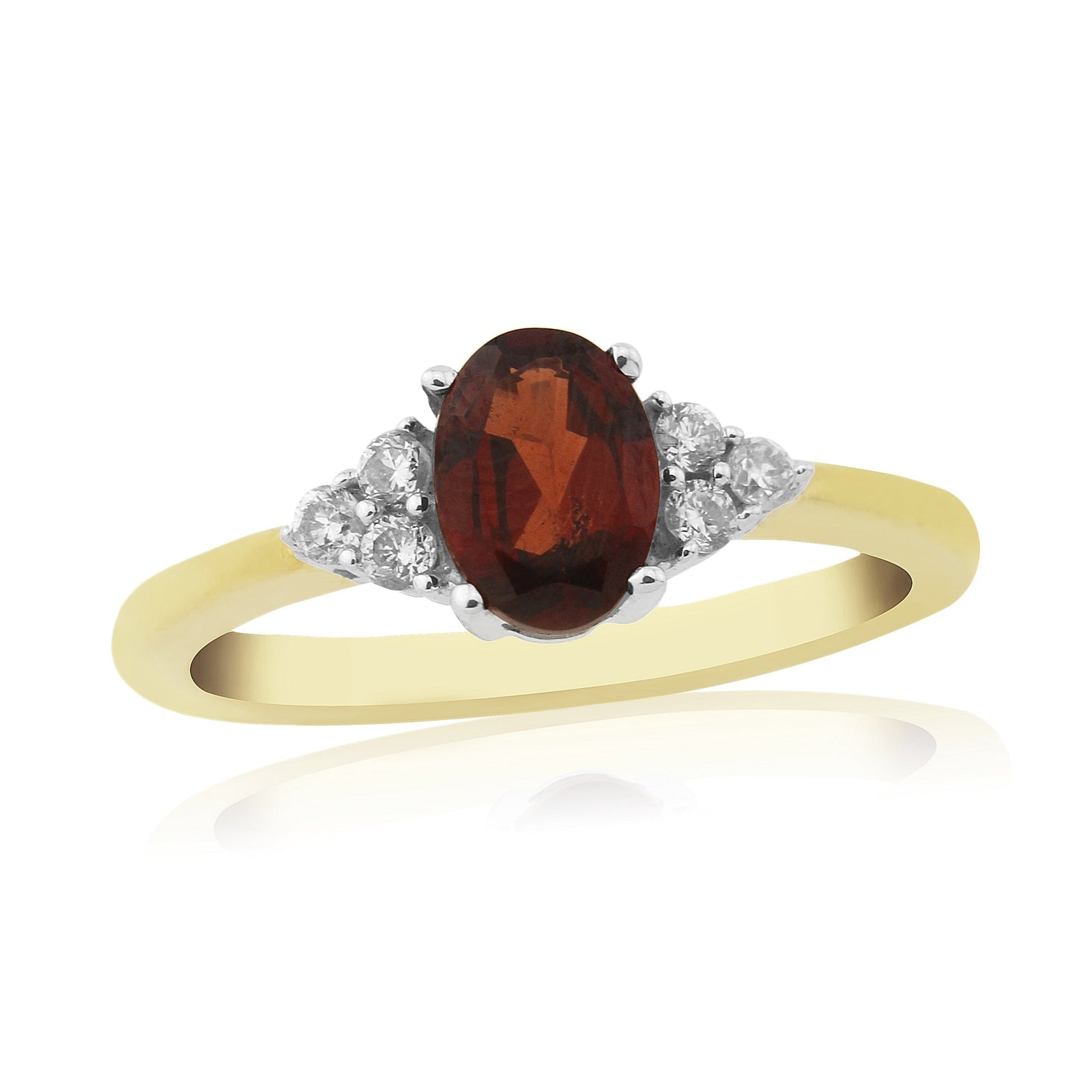 9ct gold 7x5mm oval garnet & three stone diamond shoulders ring 0.15ct