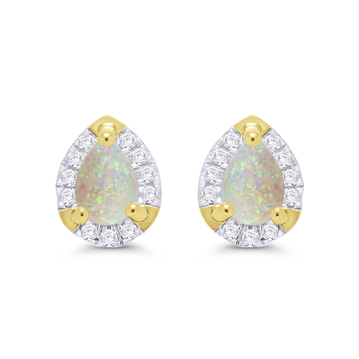 9ct gold 6x4mm pear shape opal &amp; diamond cluster stud earrings 0.15ct