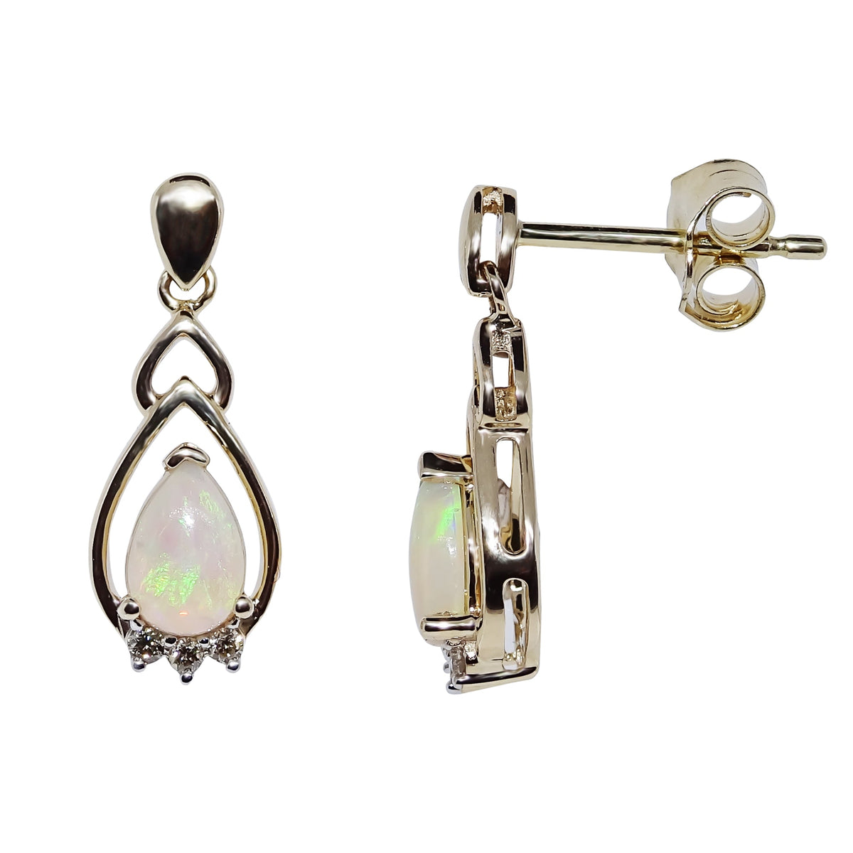 9ct gold 6x4mm pear shape opal &amp; diamond set drop earrings 0.05ct