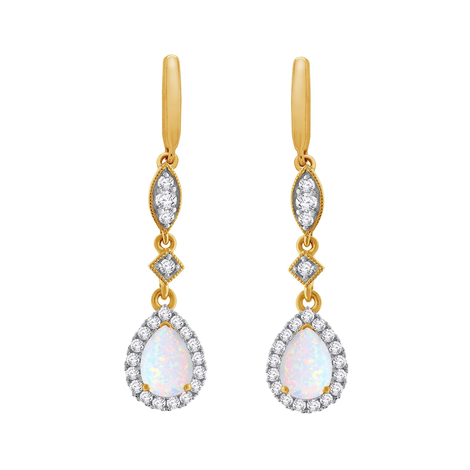 9ct gold 7x5mm pear shape opal & diamond long drop earrings 0.37ct
