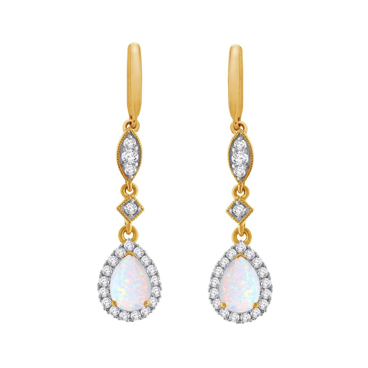 9ct gold 7x5mm pear shape opal &amp; diamond long drop earrings 0.37ct