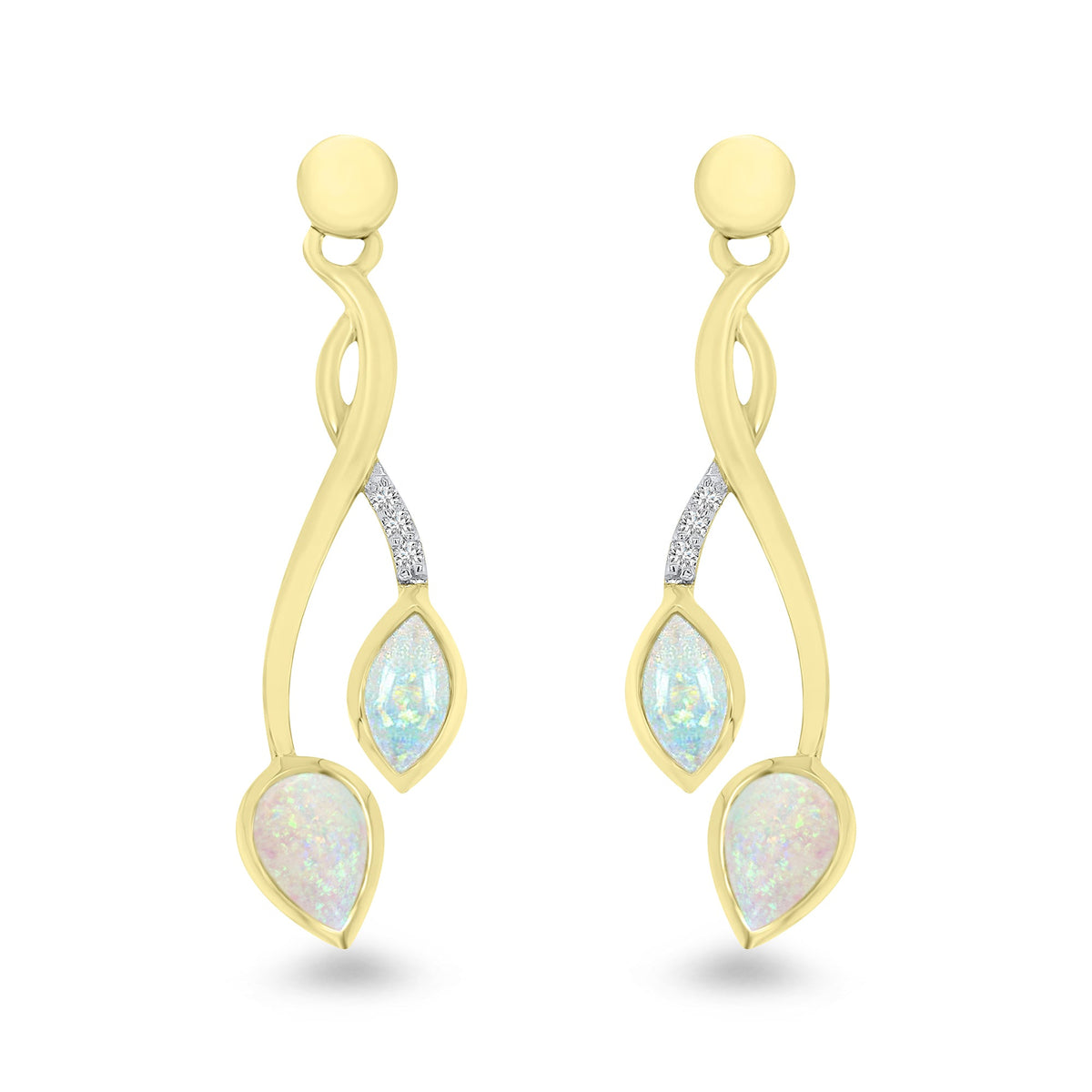 9ct gold marquise &amp; pear shape opal &amp; diamond set drop earrings 0.03ct