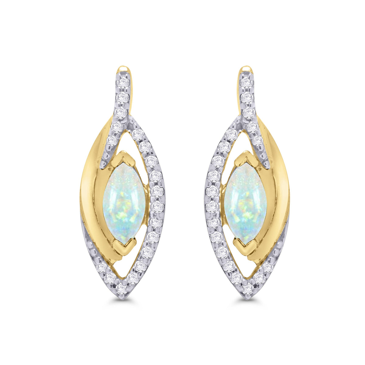 9ct gold 6x3mm marquise shape opal &amp; diamond set drop earrings 0.15ct