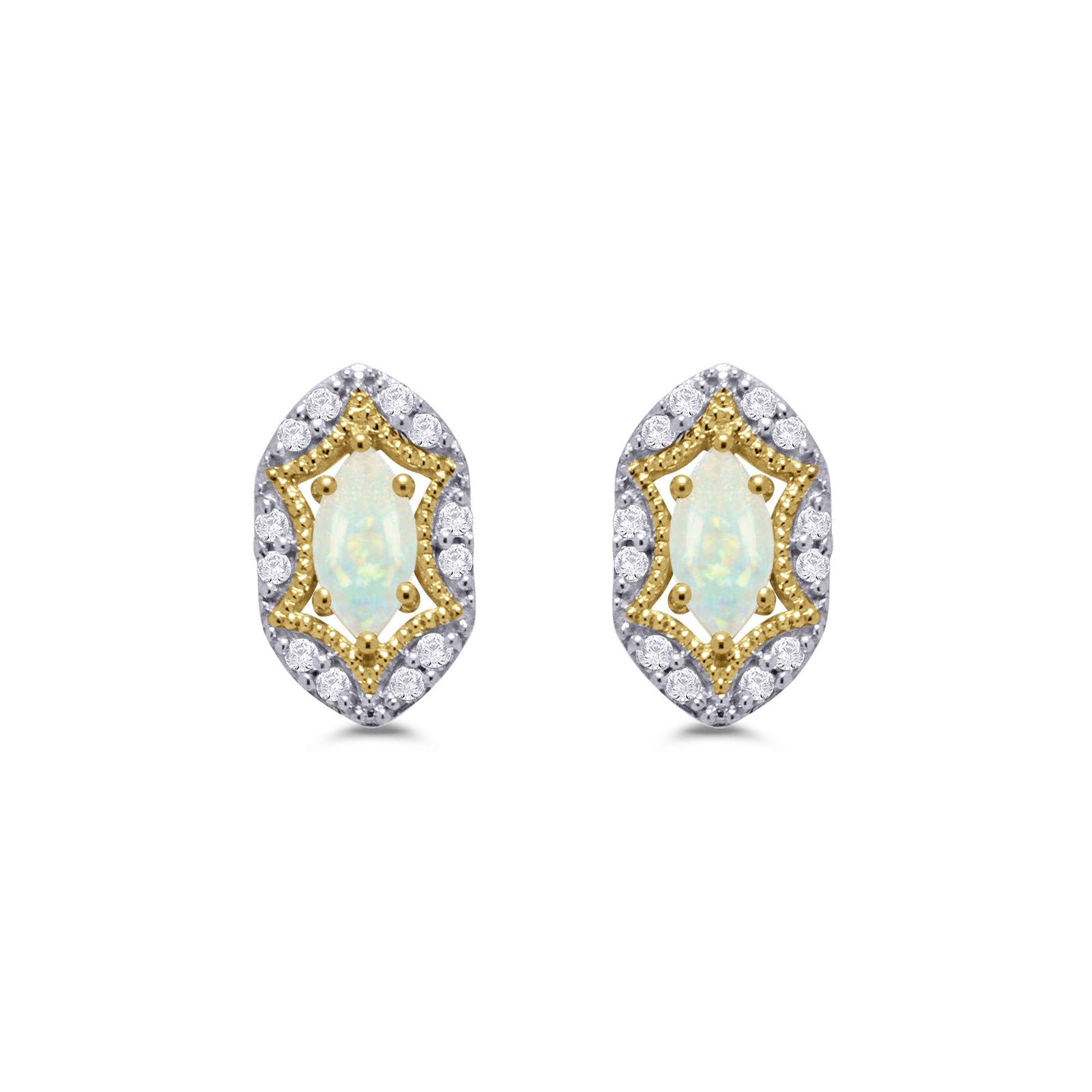 9ct gold 6x3mm marquise shape opal & diamond set stud earrings 0.15ct
