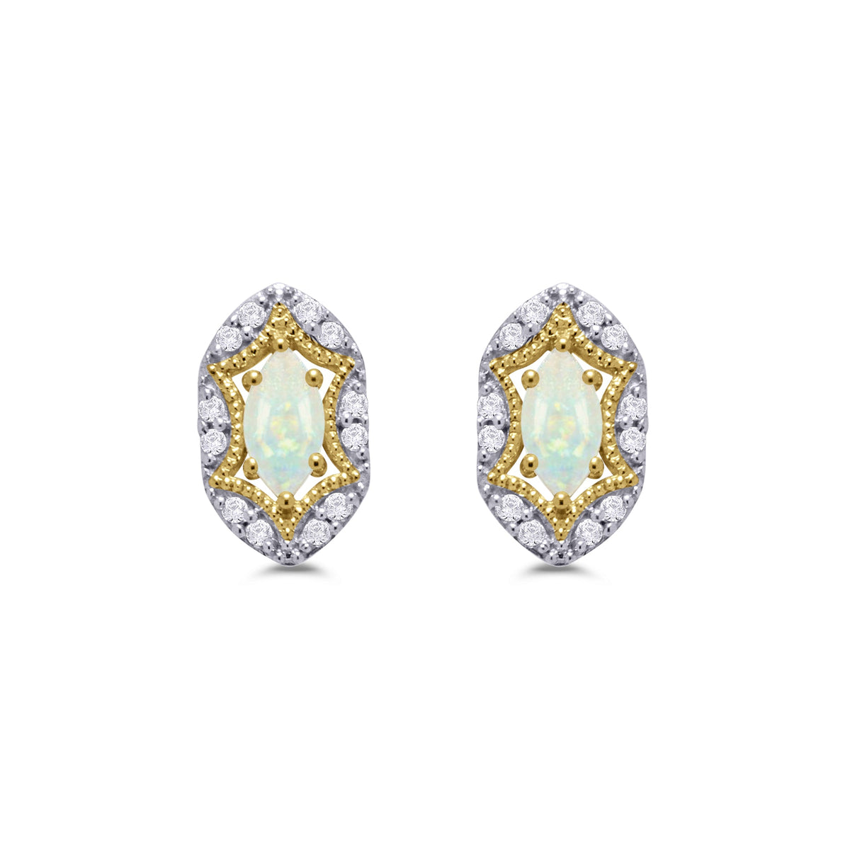 9ct gold 6x3mm marquise shape opal &amp; diamond set stud earrings 0.15ct