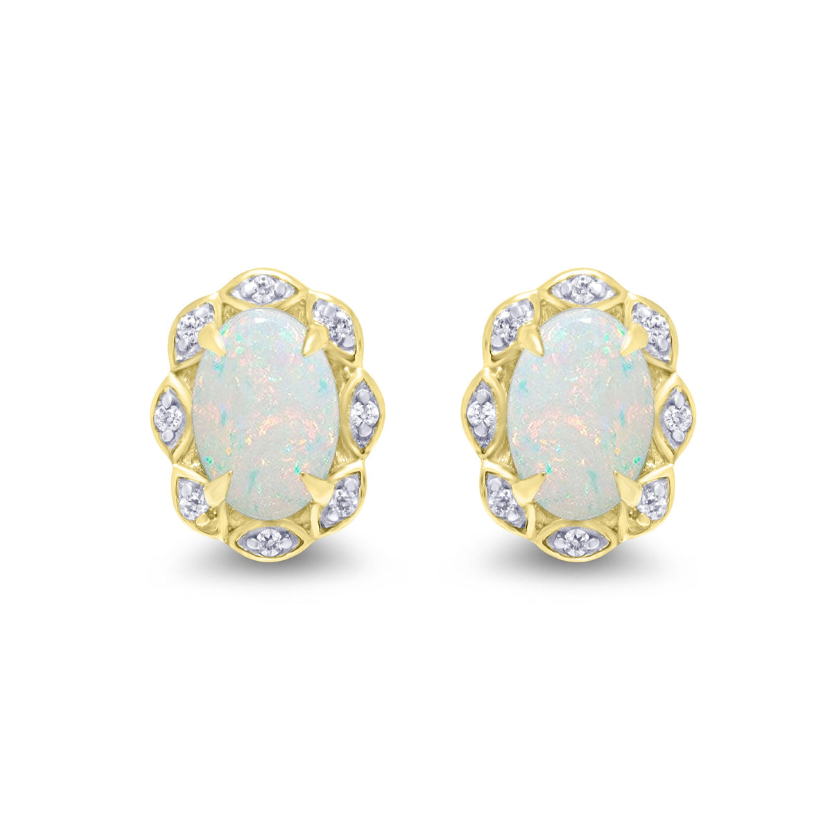 9ct gold 6x4mm oval opal &amp; diamond cluster stud earrings 0.05ct