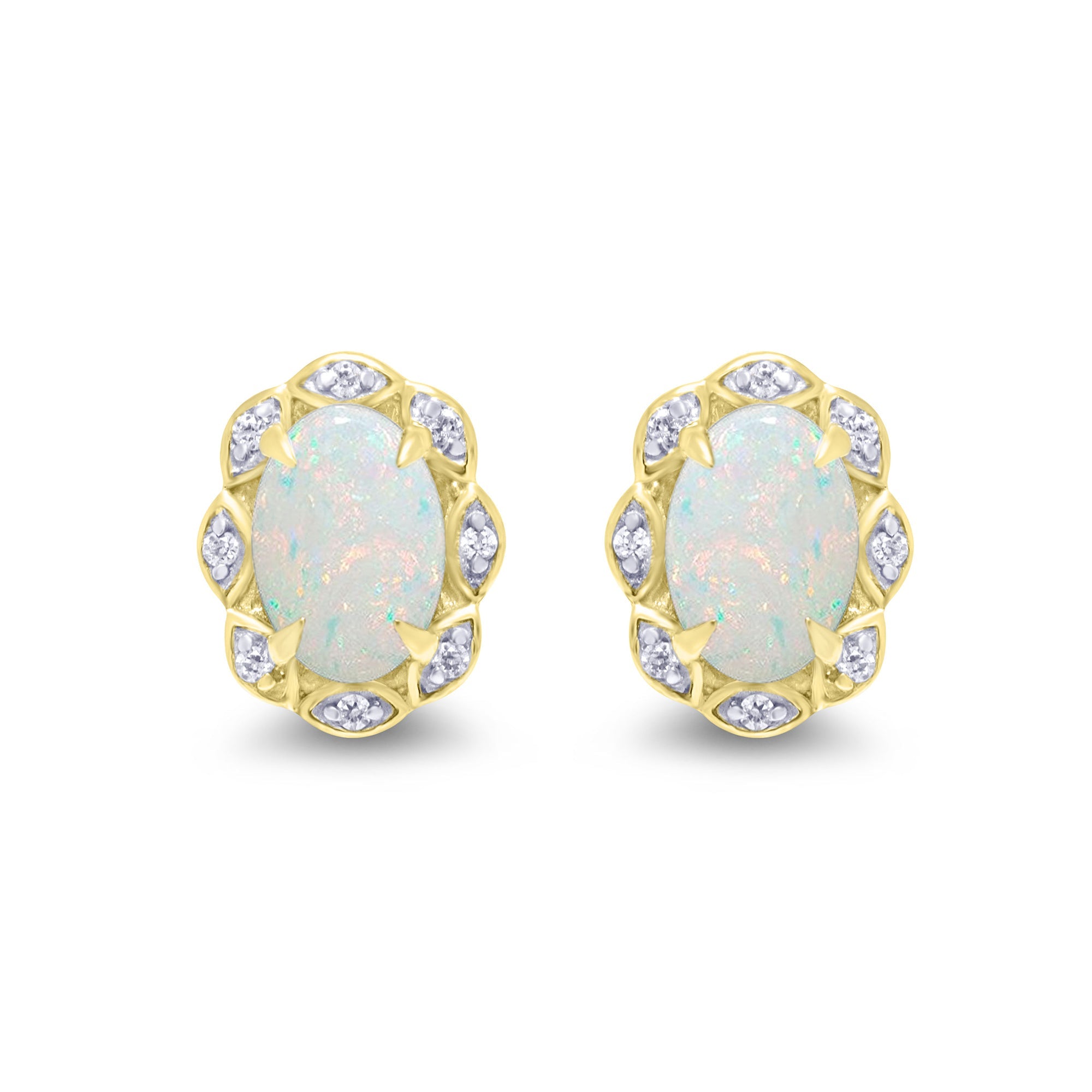 9ct gold 6x4mm oval opal & diamond cluster stud earrings 0.05ct
