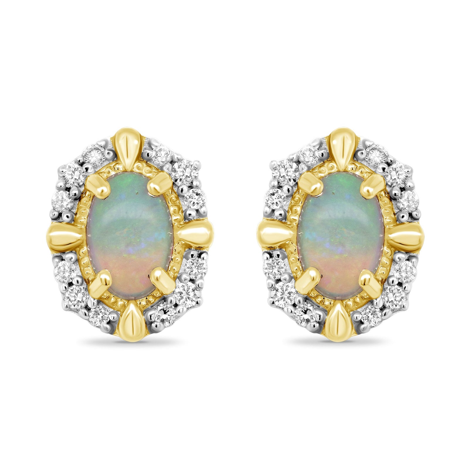 9ct gold 6x4mm oval opal & diamond cluster stud earrings 0.14ct