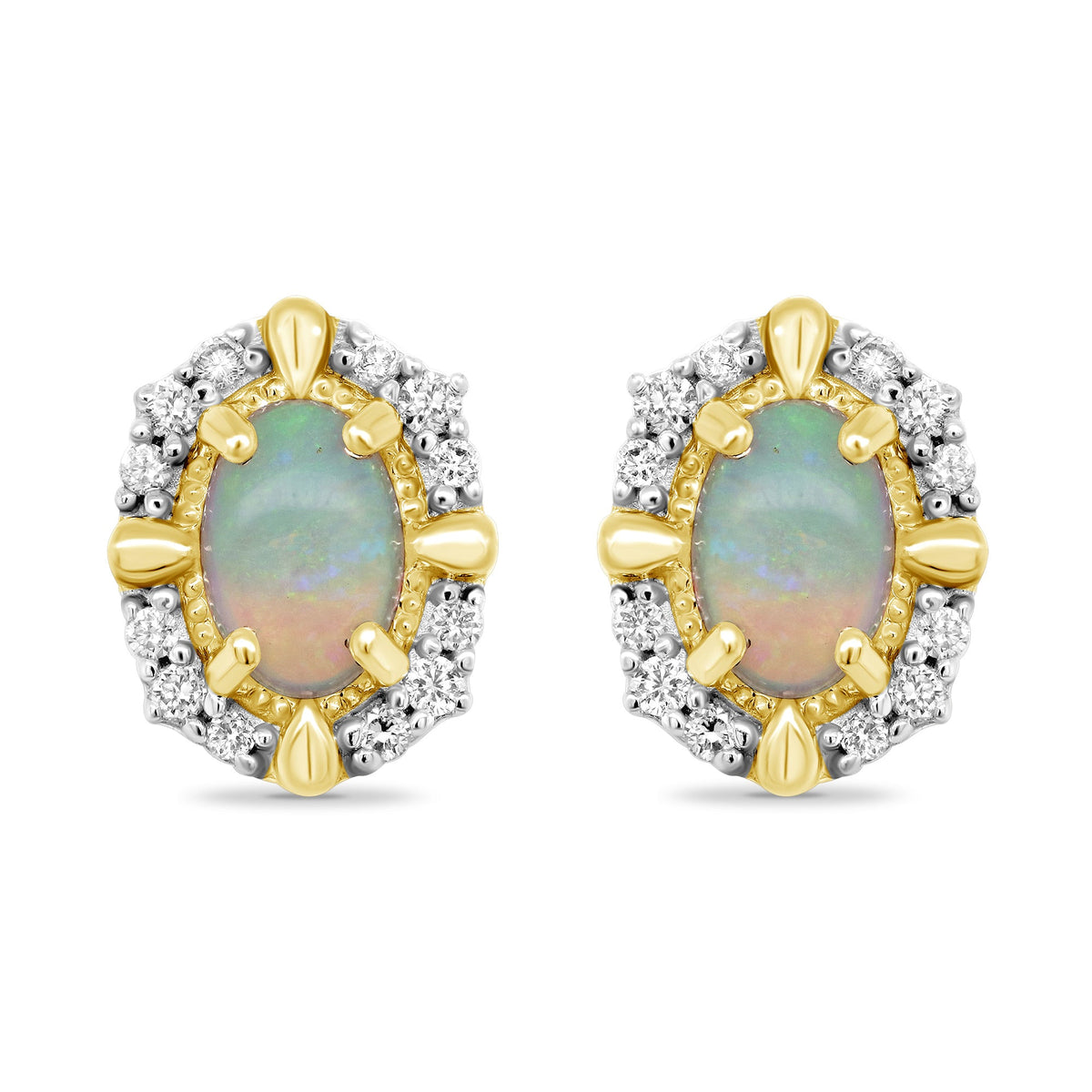 9ct gold 6x4mm oval opal &amp; diamond cluster stud earrings 0.14ct
