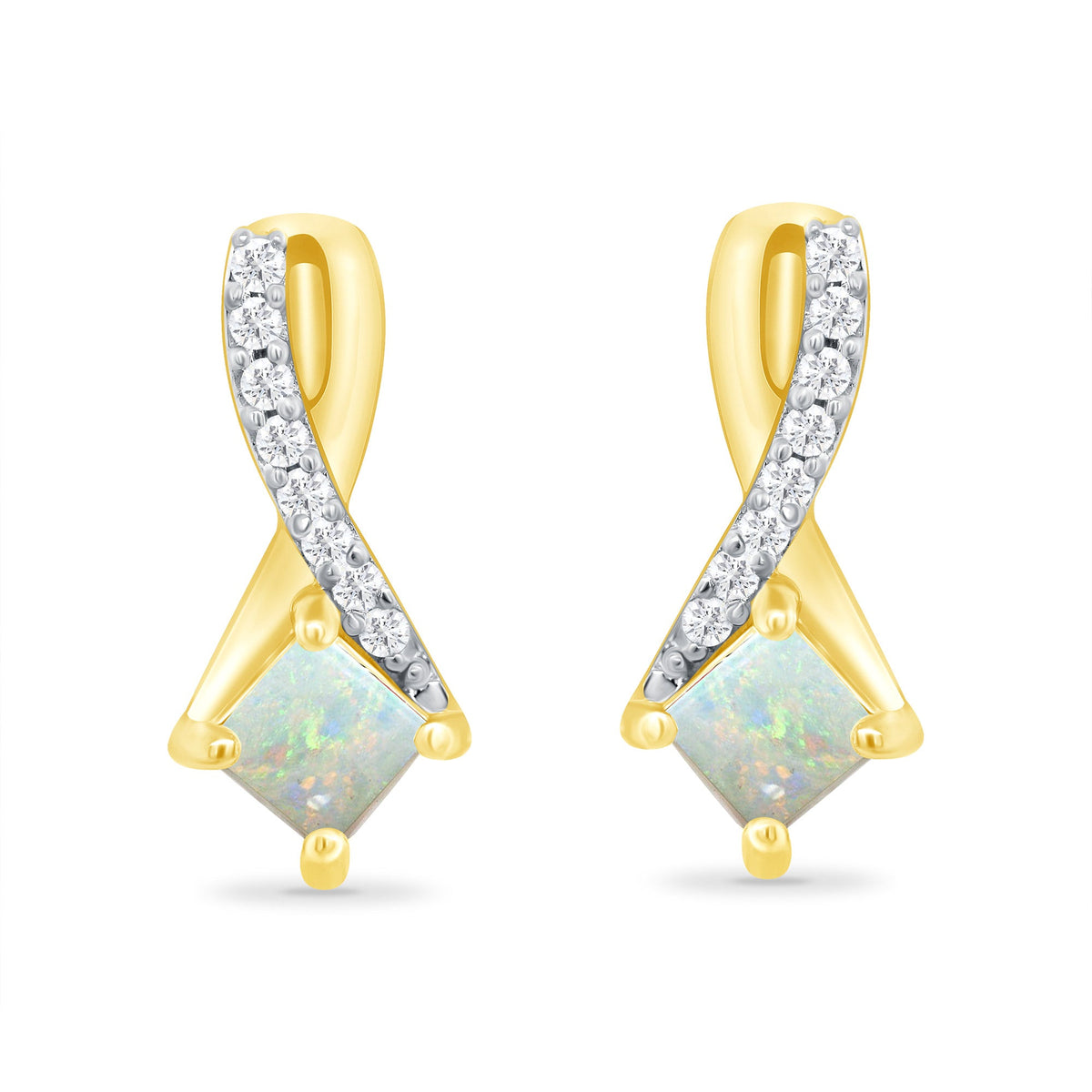 9ct gold 3.25mm square opal &amp; diamond stud earrings 0.06ct