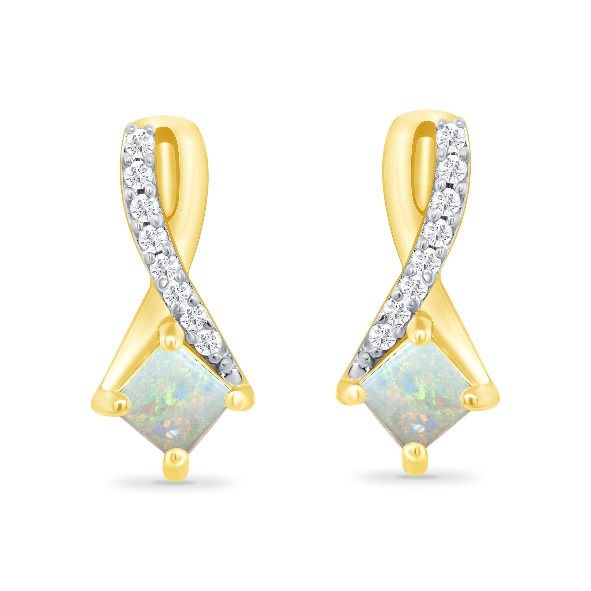 9ct gold 3.25mm square opal & diamond stud earrings 0.06ct