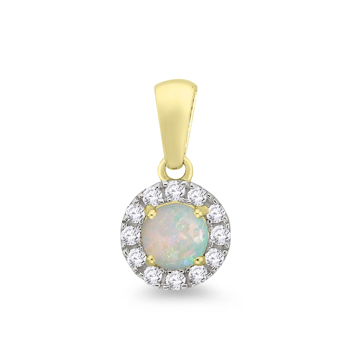9ct gold 5mm round opal &amp; diamond cluster pendant 0.16ct