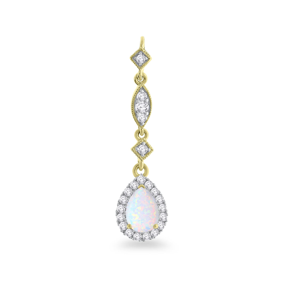 9ct gold 7x5 pear shape opal &amp; diamond set long drop pendant 0.23ct