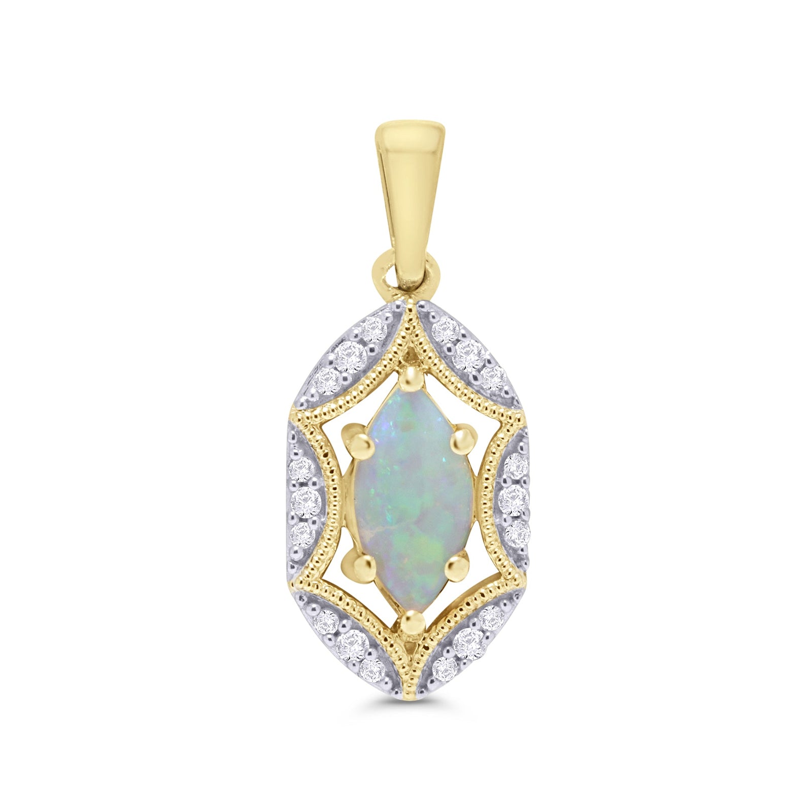 9ct gold 10x5mm marquise shape opal & diamond set pendant 0.13ct