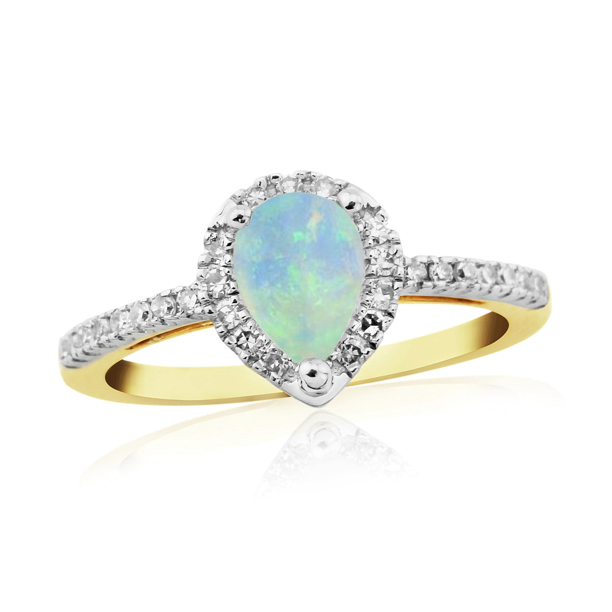 9ct gold 7x5mm pear shape opal &amp; diamond cluster ring with diamond set shoulders 0.19ct