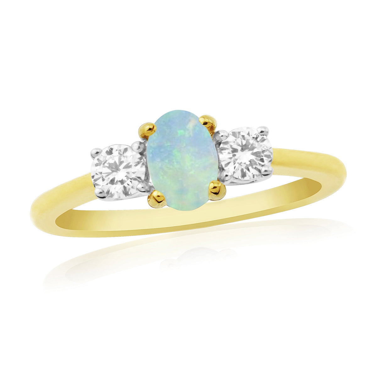 9ct gold 6x4mm oval opal &amp; diamond three stone ring 0.25ct