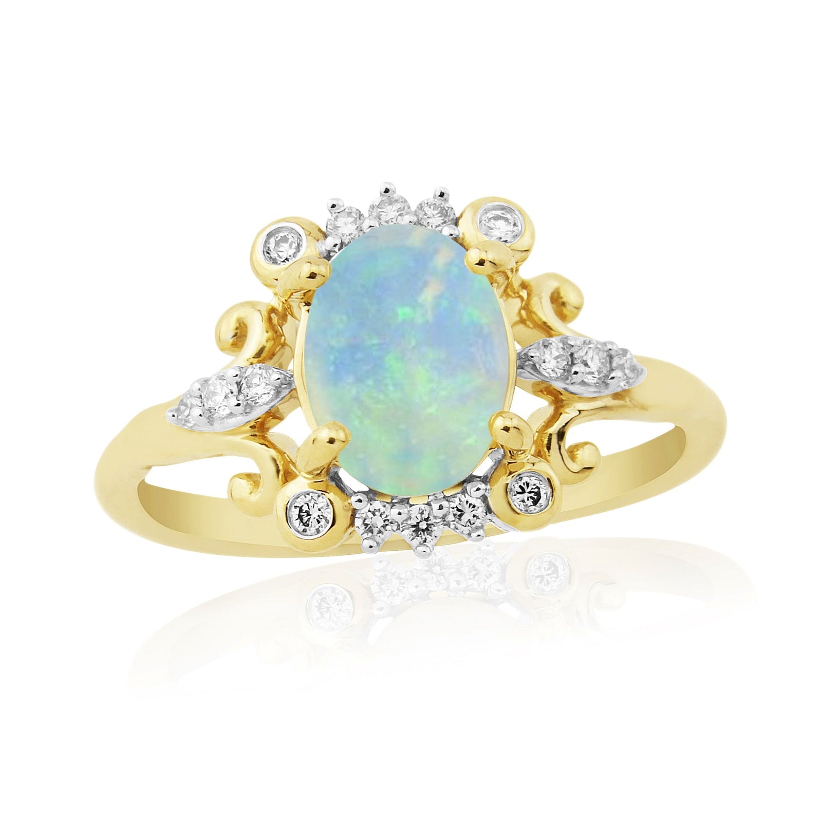 9ct gold 8x6mm oval opal & antique style diamond cluster ring 0.14ct