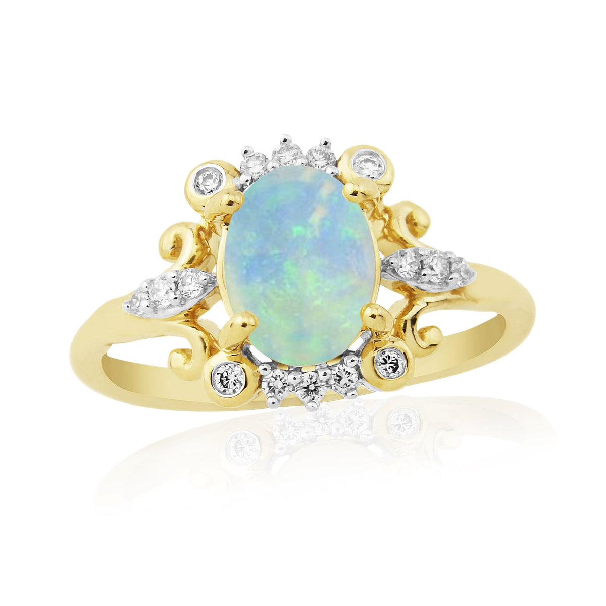 9ct gold 8x6mm oval opal &amp; antique style diamond cluster ring 0.14ct