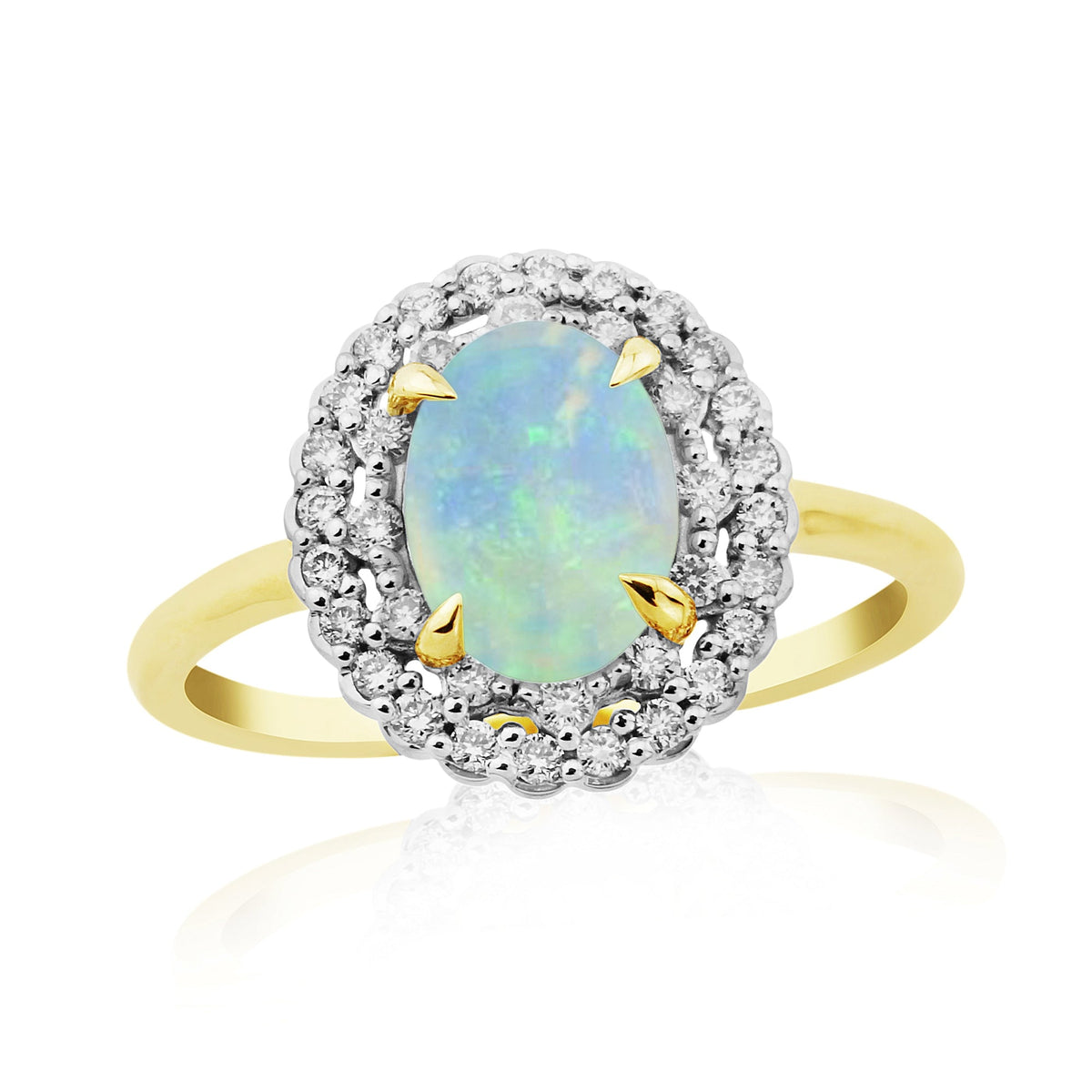 9ct gold 8x6mm oval opal &amp; two row diamond cluster ring 0.24ct
