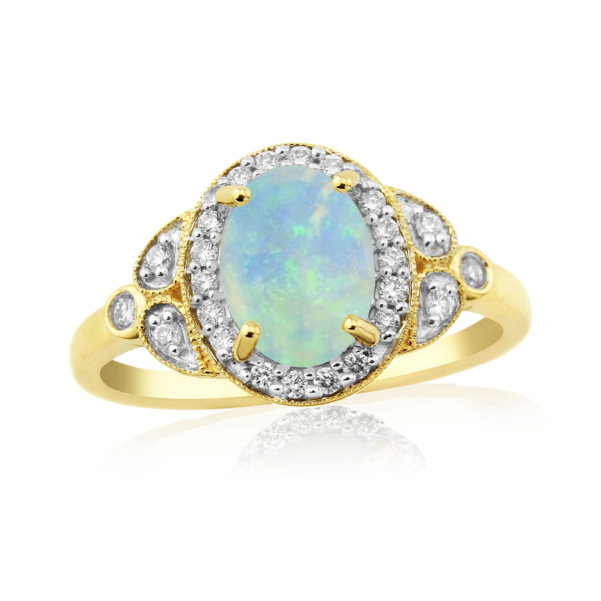9ct gold 8x6mm oval opal &amp; diamond cluster ring 0.17ct