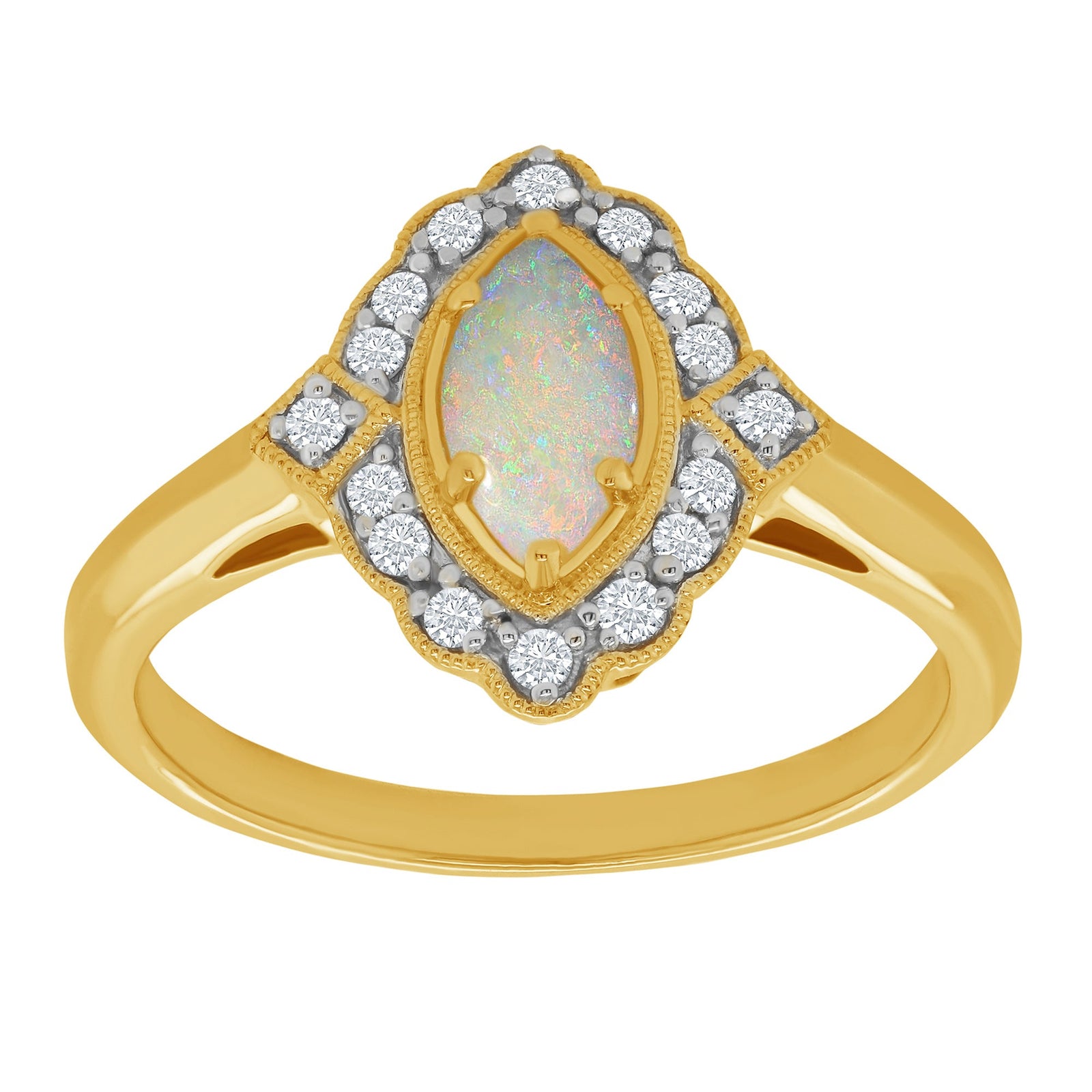 9ct gold 8x4mm marquise shape opal & diamond cluster ring 0.15ct