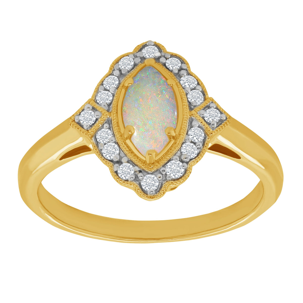 9ct gold 8x4mm marquise shape opal &amp; diamond cluster ring 0.15ct