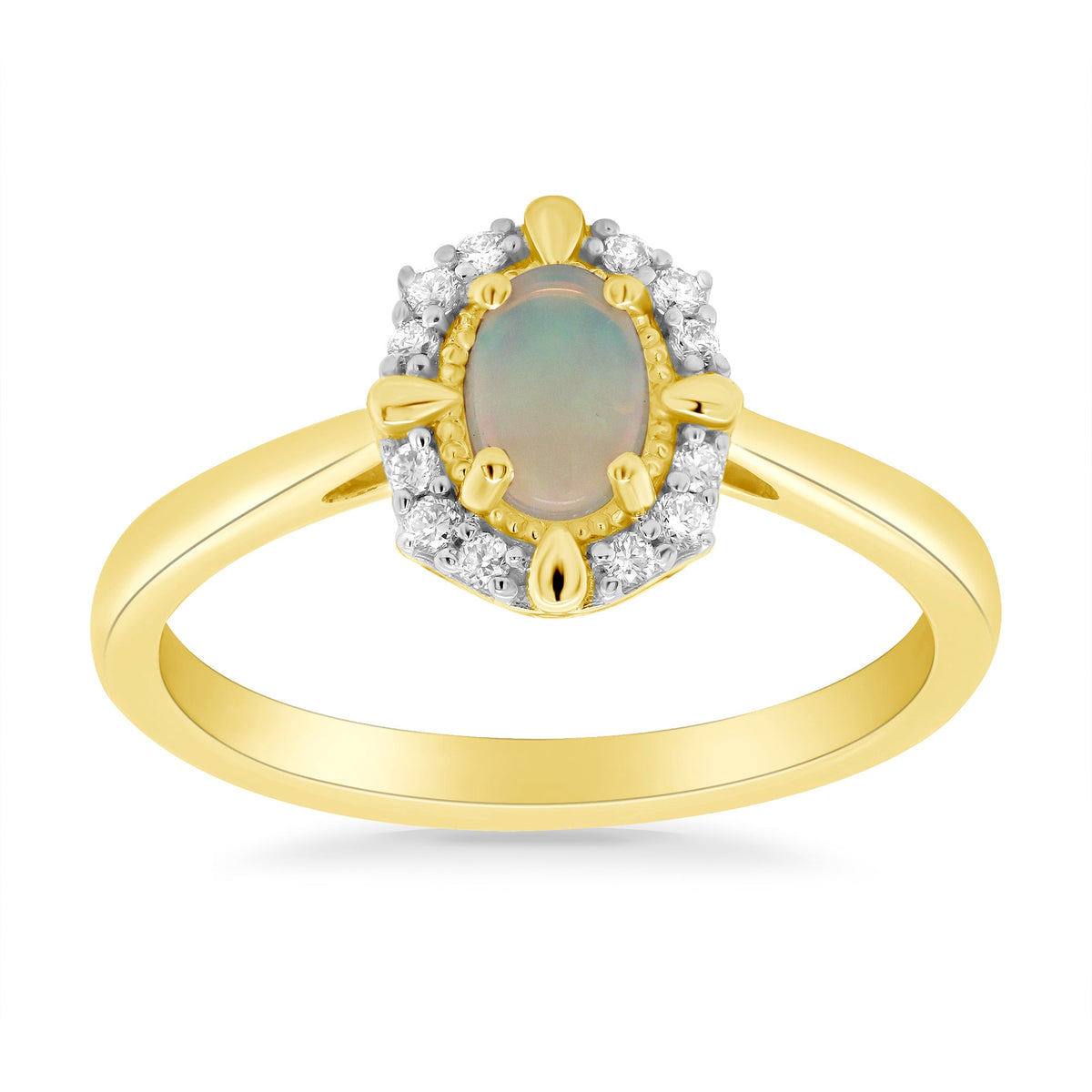 9ct gold 6x4mm oval opal &amp; diamond set cluster ring 0.10ct