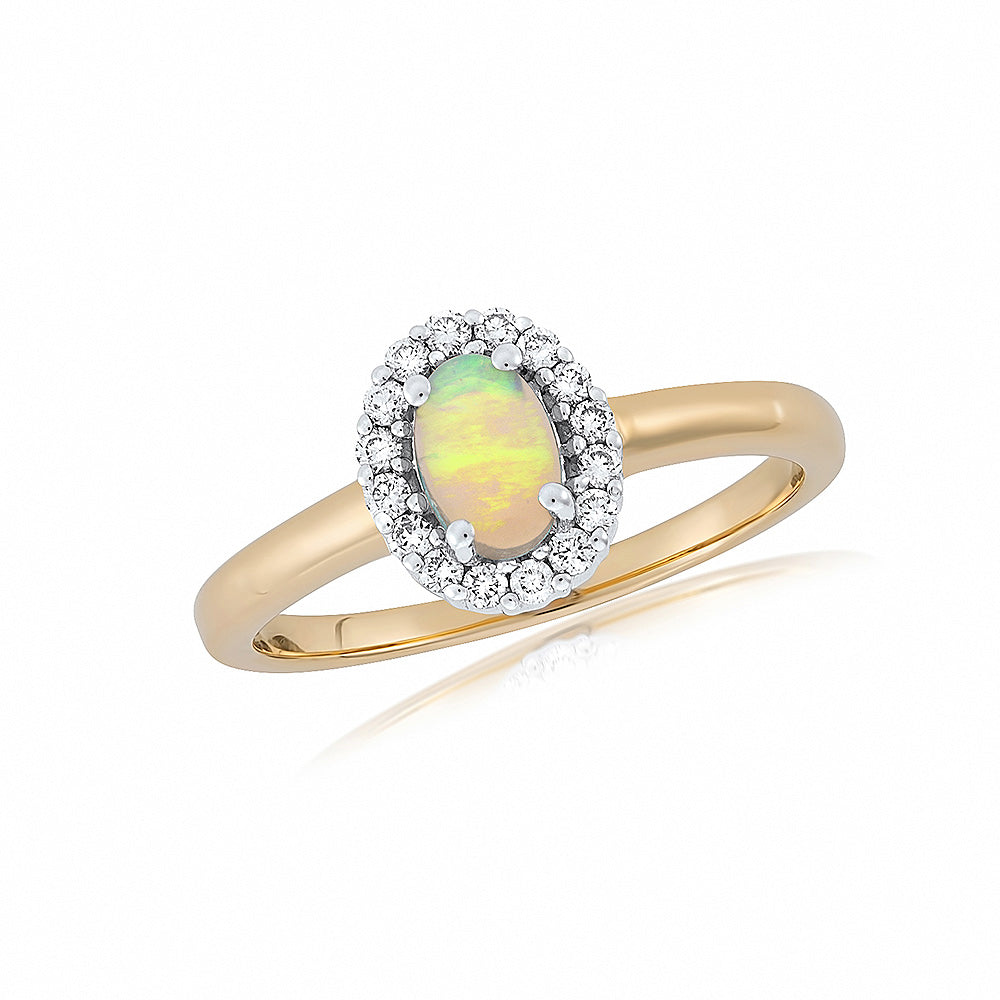 9ct gold 6x4mm oval opal &amp; diamond set cluster ring 0.16ct