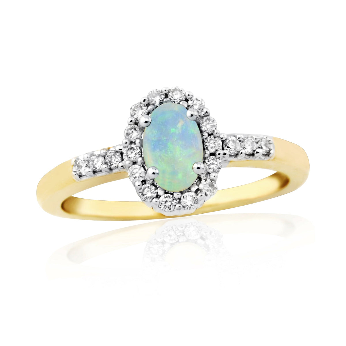 9ct gold 6x4mm oval opal &amp; diamond cluster ring with diamond set shoulders 0.16ct