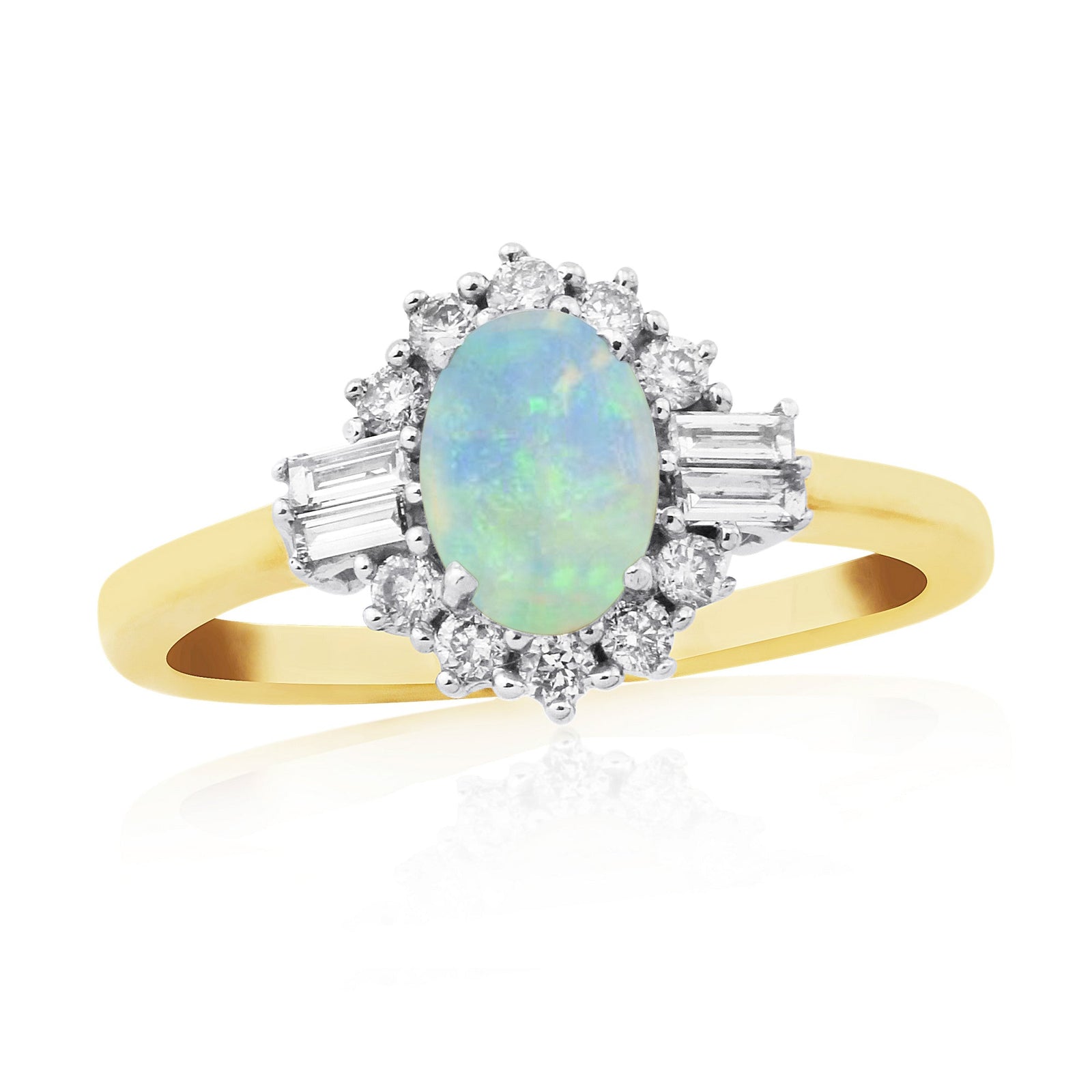 9ct gold 7x5mm oval opal & brilliant /baguette cut diamond cluster ring 0.33ct