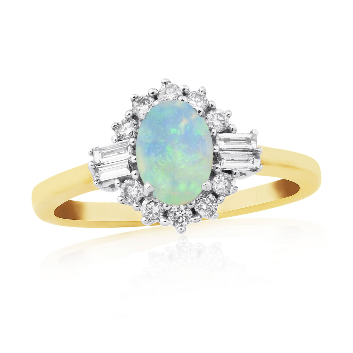 9ct gold 7x5mm oval opal &amp; brilliant /baguette cut diamond cluster ring 0.33ct