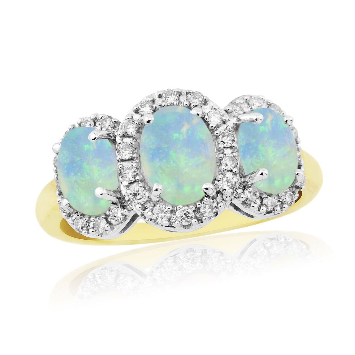 9ct gold 7x5mm &amp; two 6x4mm oval opal &amp; diamond cluster ring 0.21ct
