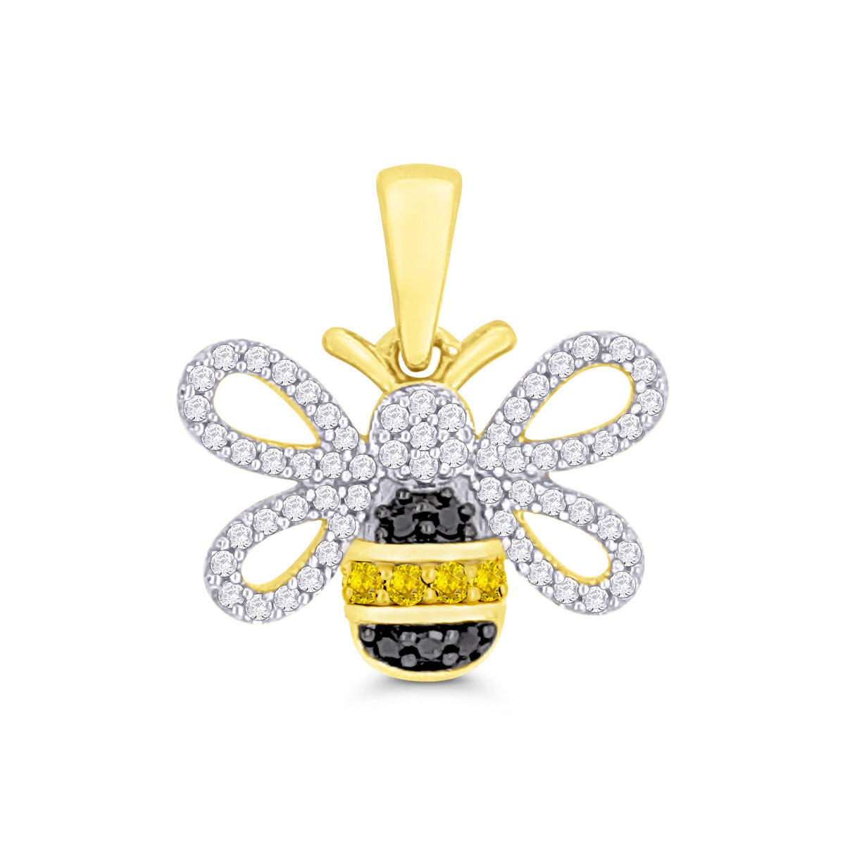 9ct gold white &amp; black diamond with yellow sapphire bee pendant 0.22ct