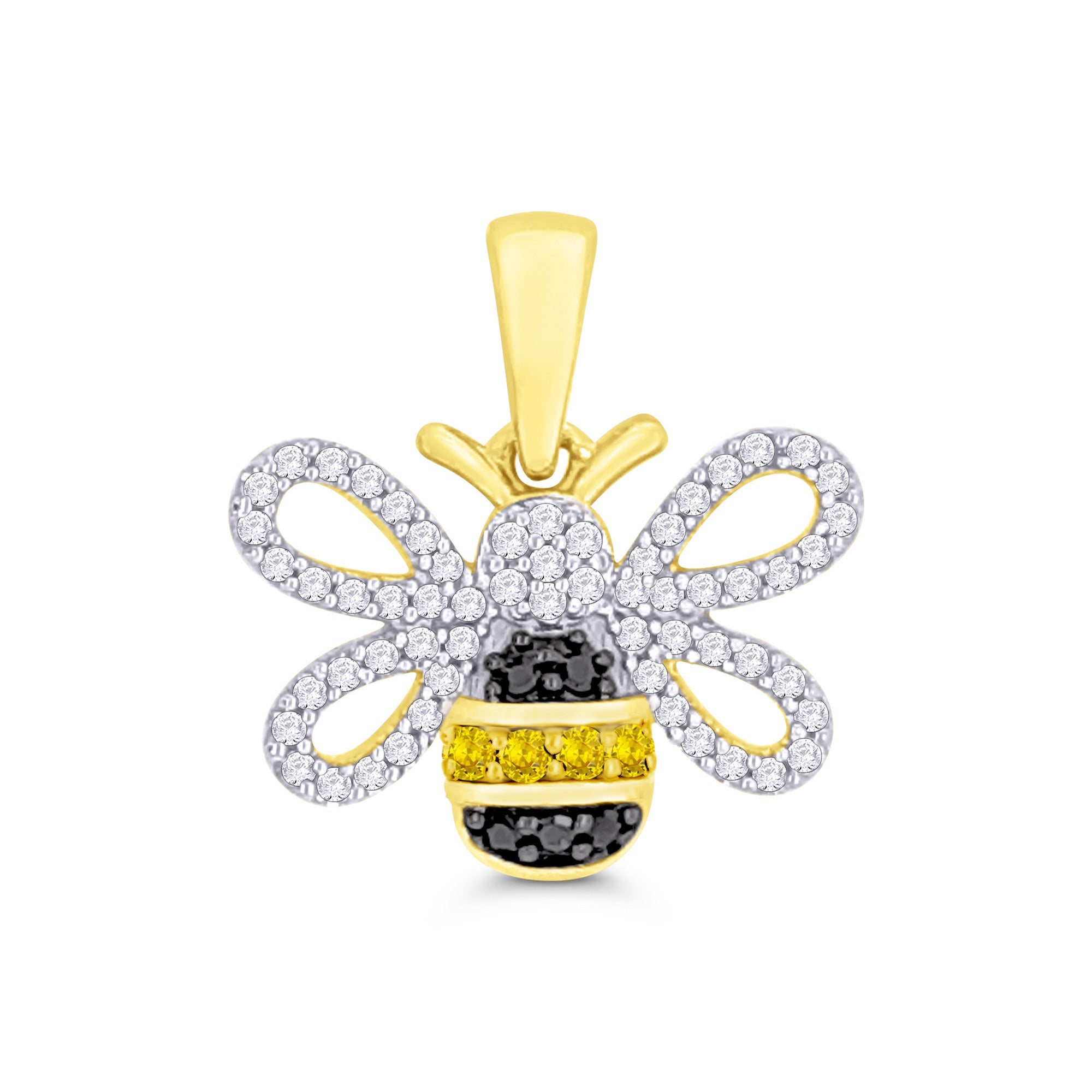 9ct gold white & black diamond with yellow sapphire bee pendant 0.22ct