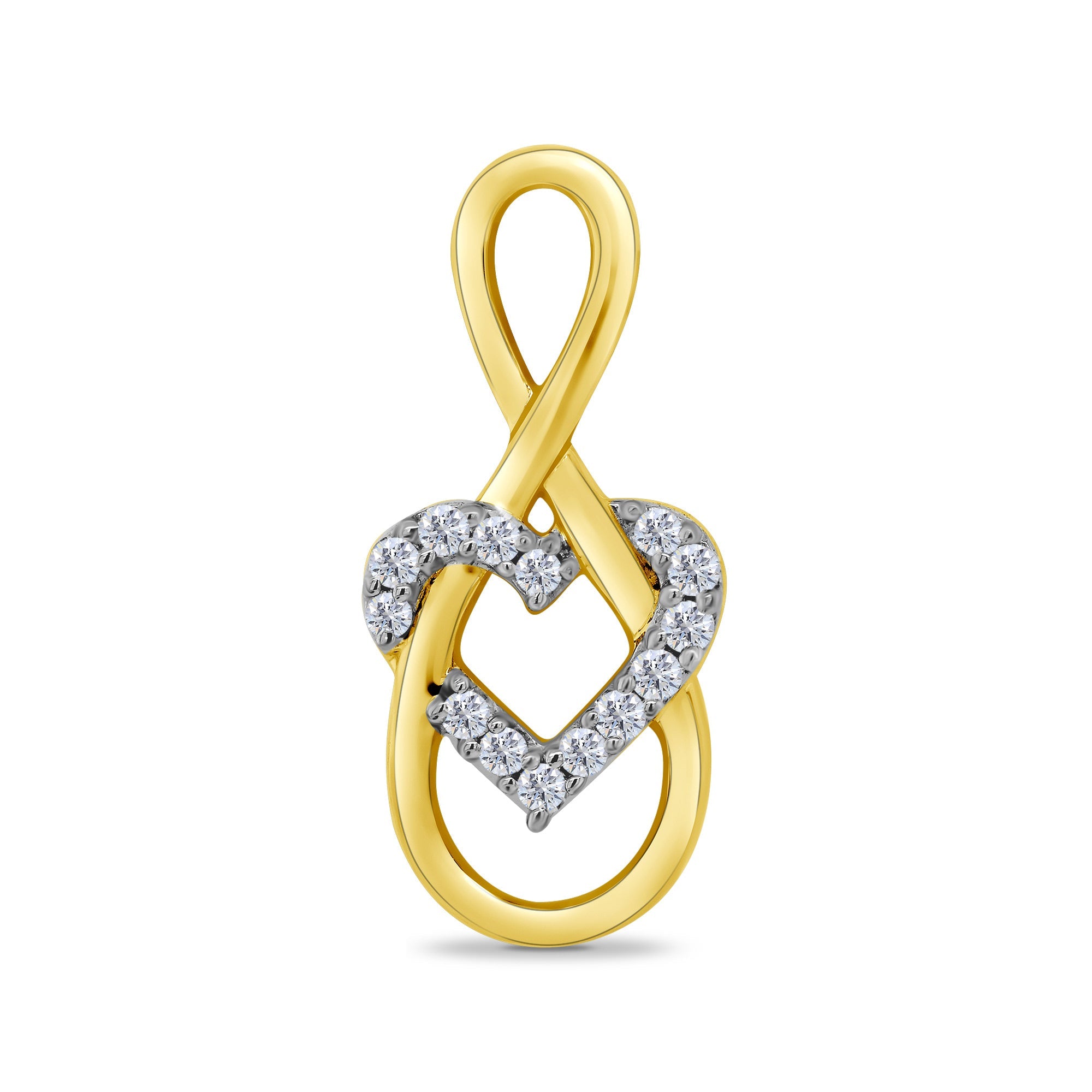 9ct gold infinity pendant with diamond set entwined heart 0.05ct