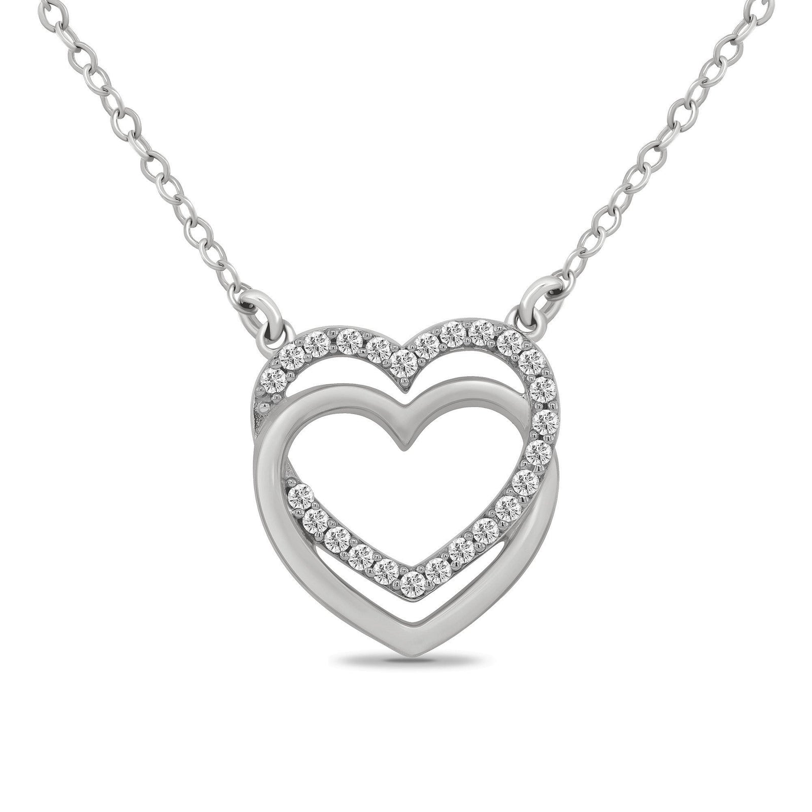 9ct white gold diamond set heart & entwined plain heart pendant with 18" chain (included ) 0.13ct