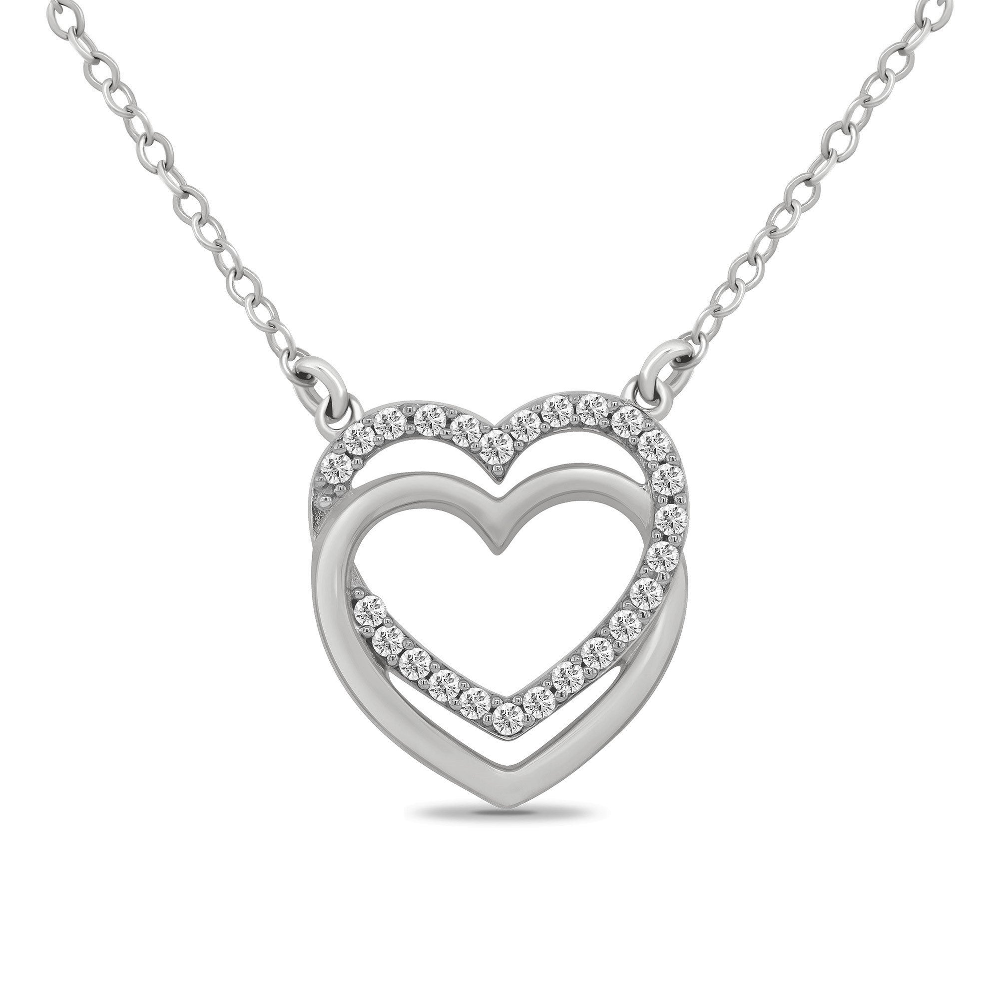 9ct white gold diamond set heart & entwined plain heart pendant with 18" chain (included ) 0.13ct