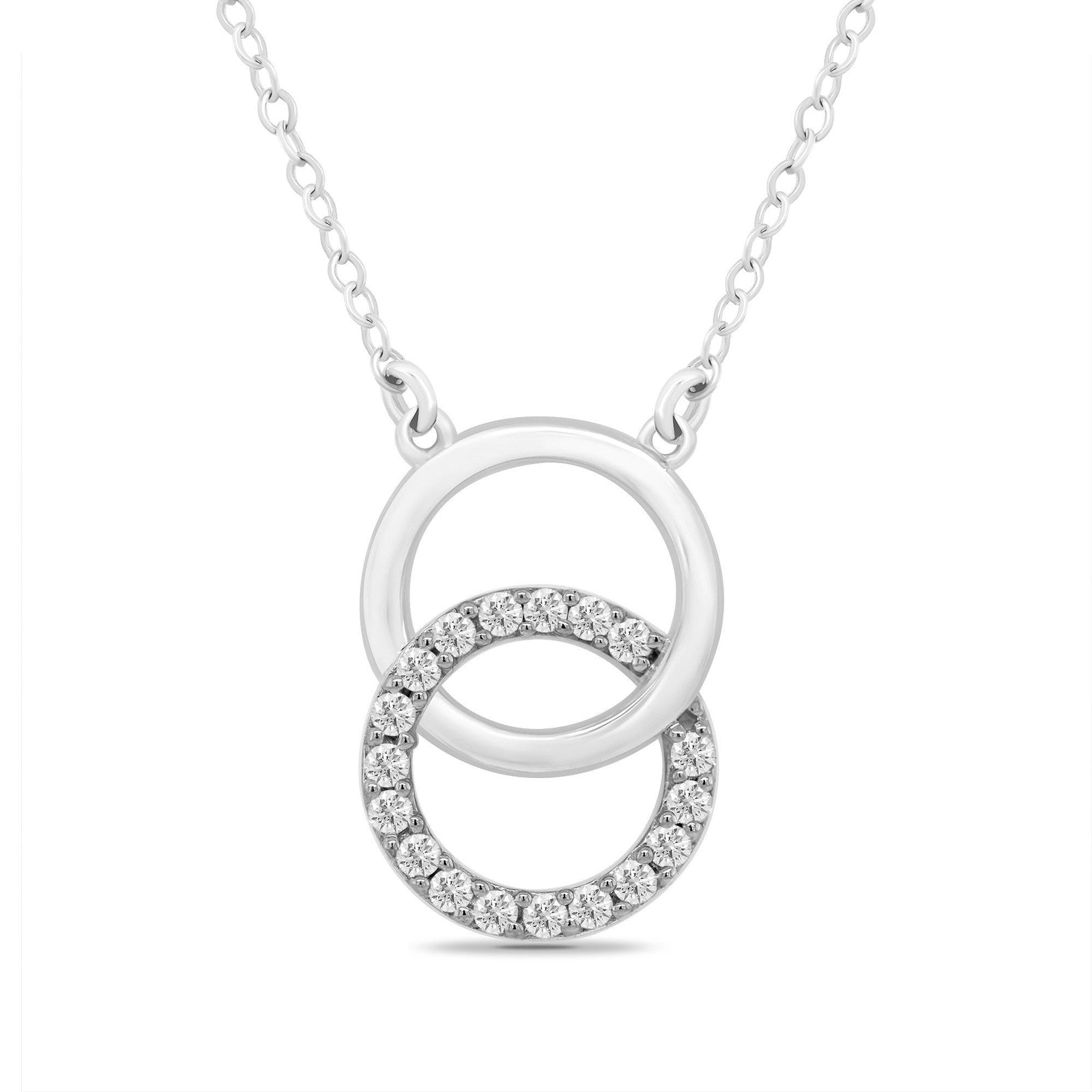9ct white gold diamond set circle & entwined plain circle pendant with 18" chain (included ) 0.13ct