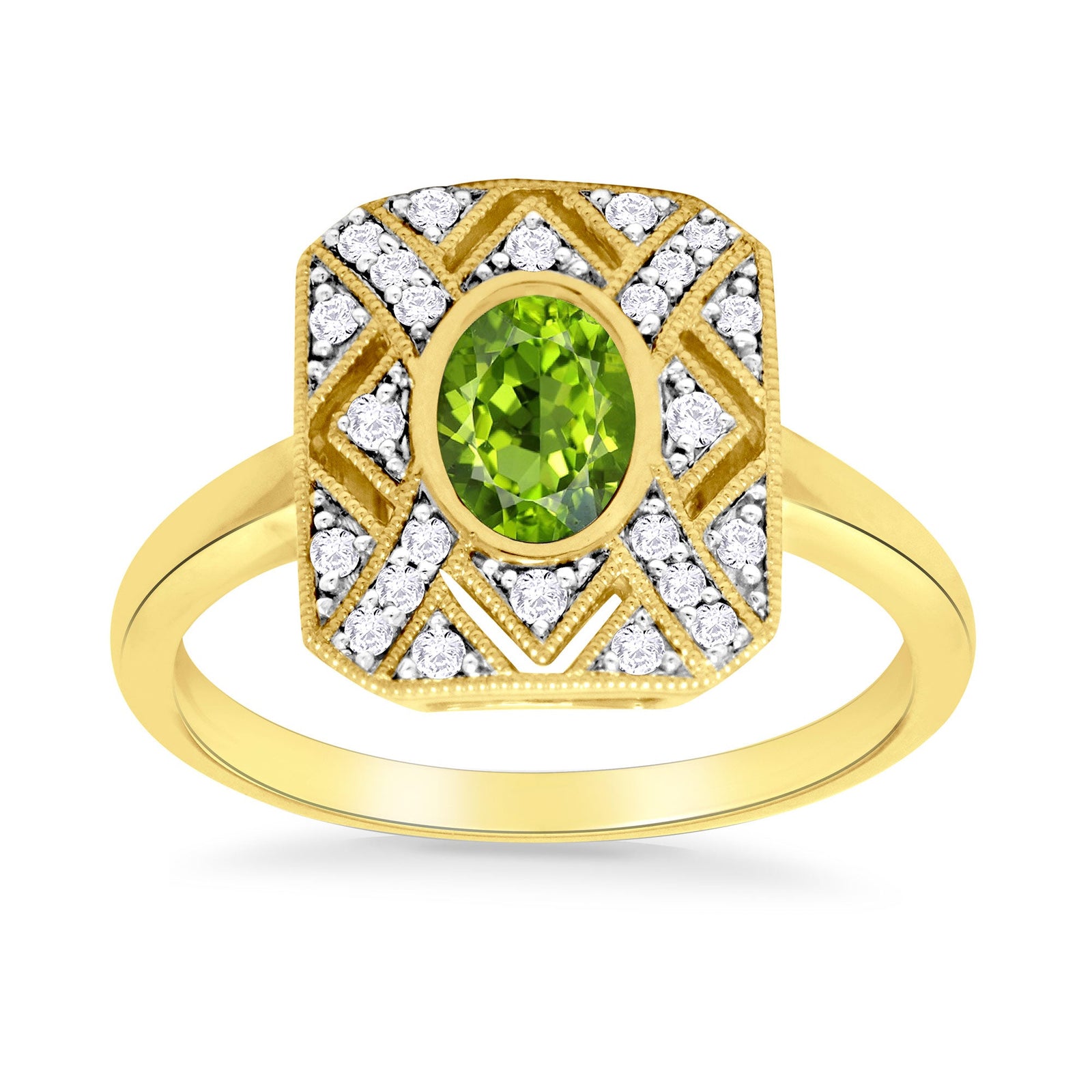 9ct gold 6x4mm oval peridot & antique style diamond cluster ring 0.17ct