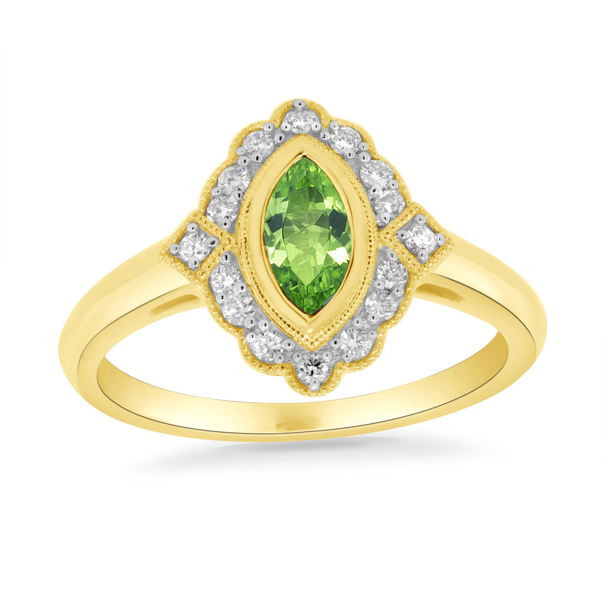 9ct gold 8x4mm marquise shape peridot &amp; diamond cluster ring 0.15ct