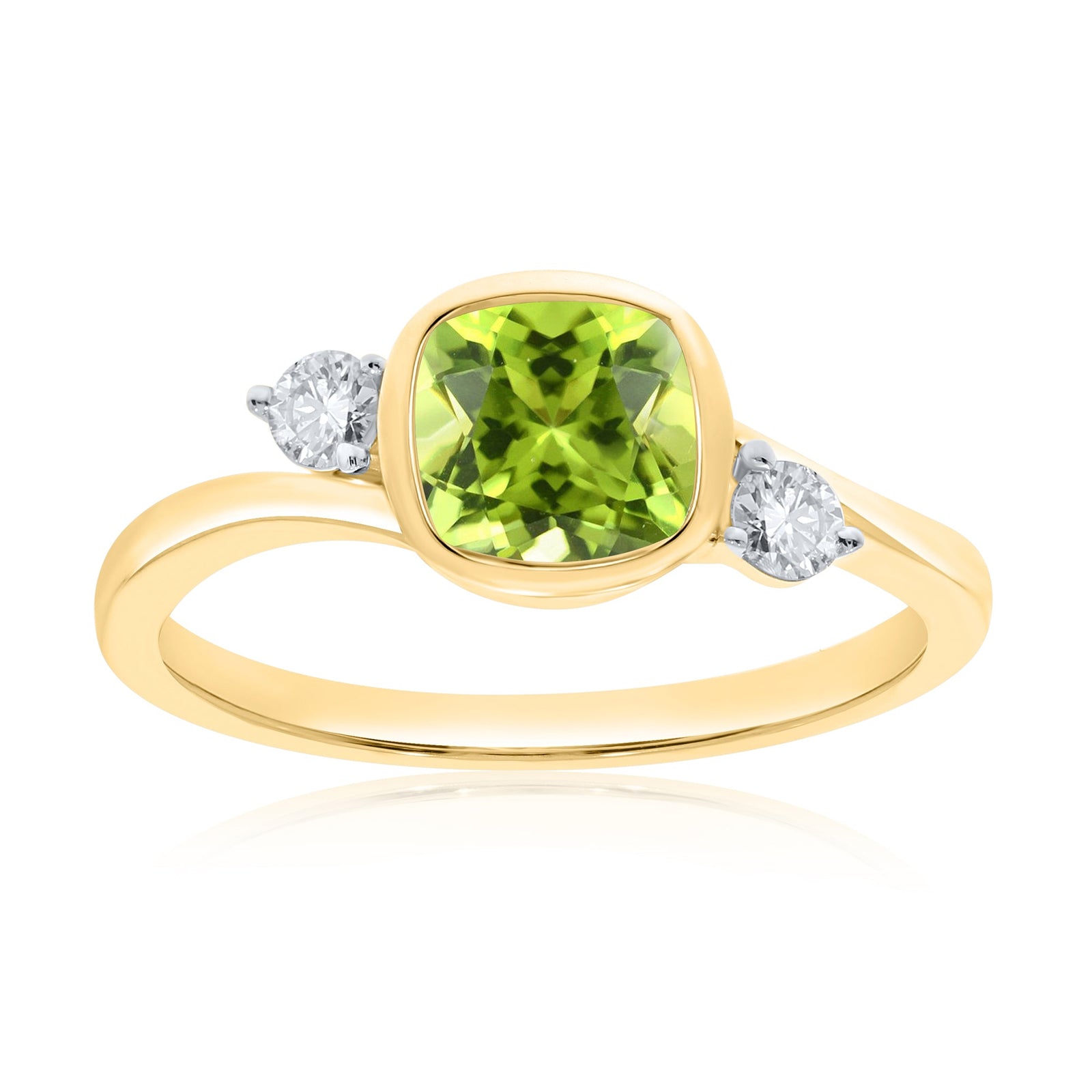 9ct gold 6mm cushion shape rub over set peridot & diamond ring 0.14ct