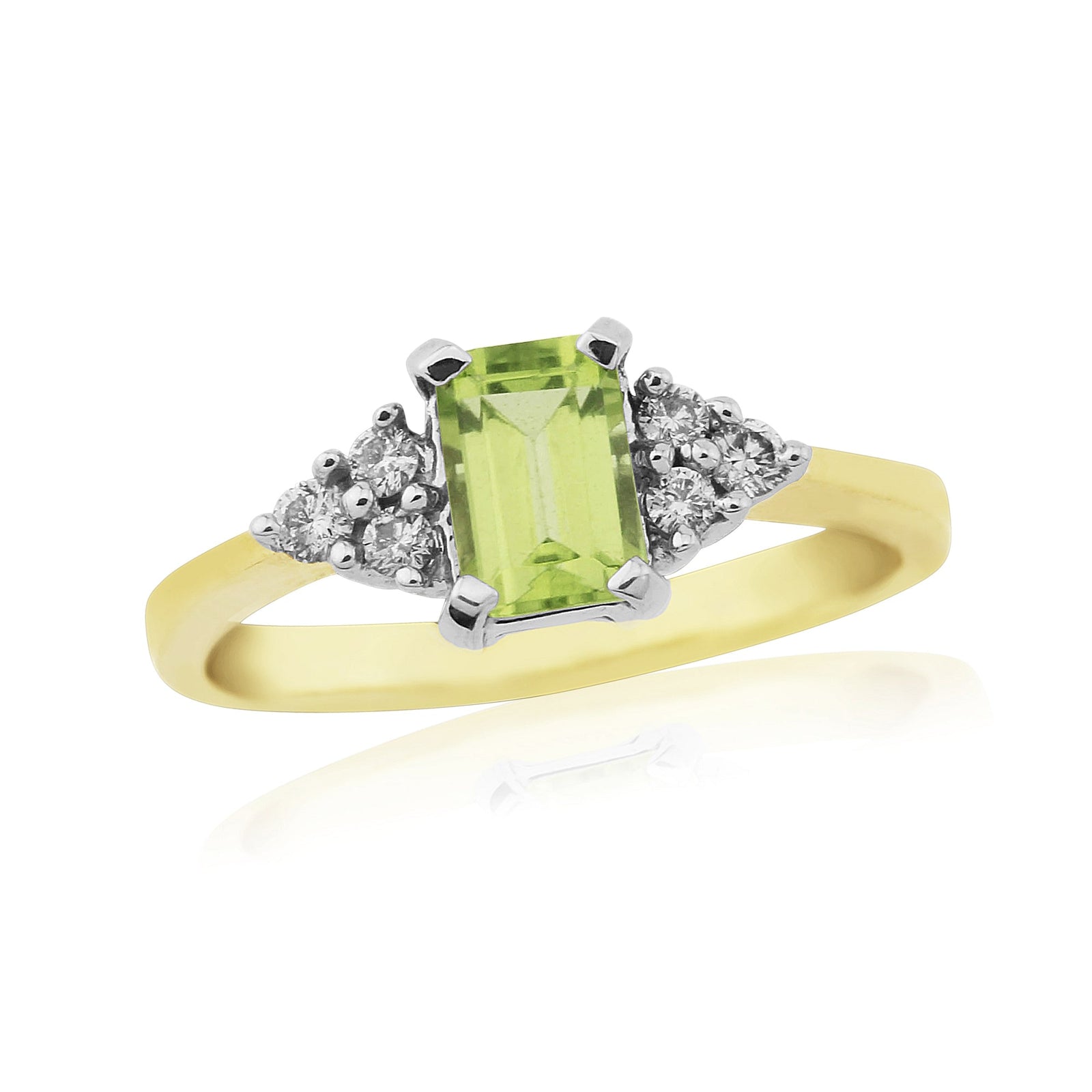 9ct gold 6x4mm octagon cut peridot & triple diamond shoulders ring 0.13ct