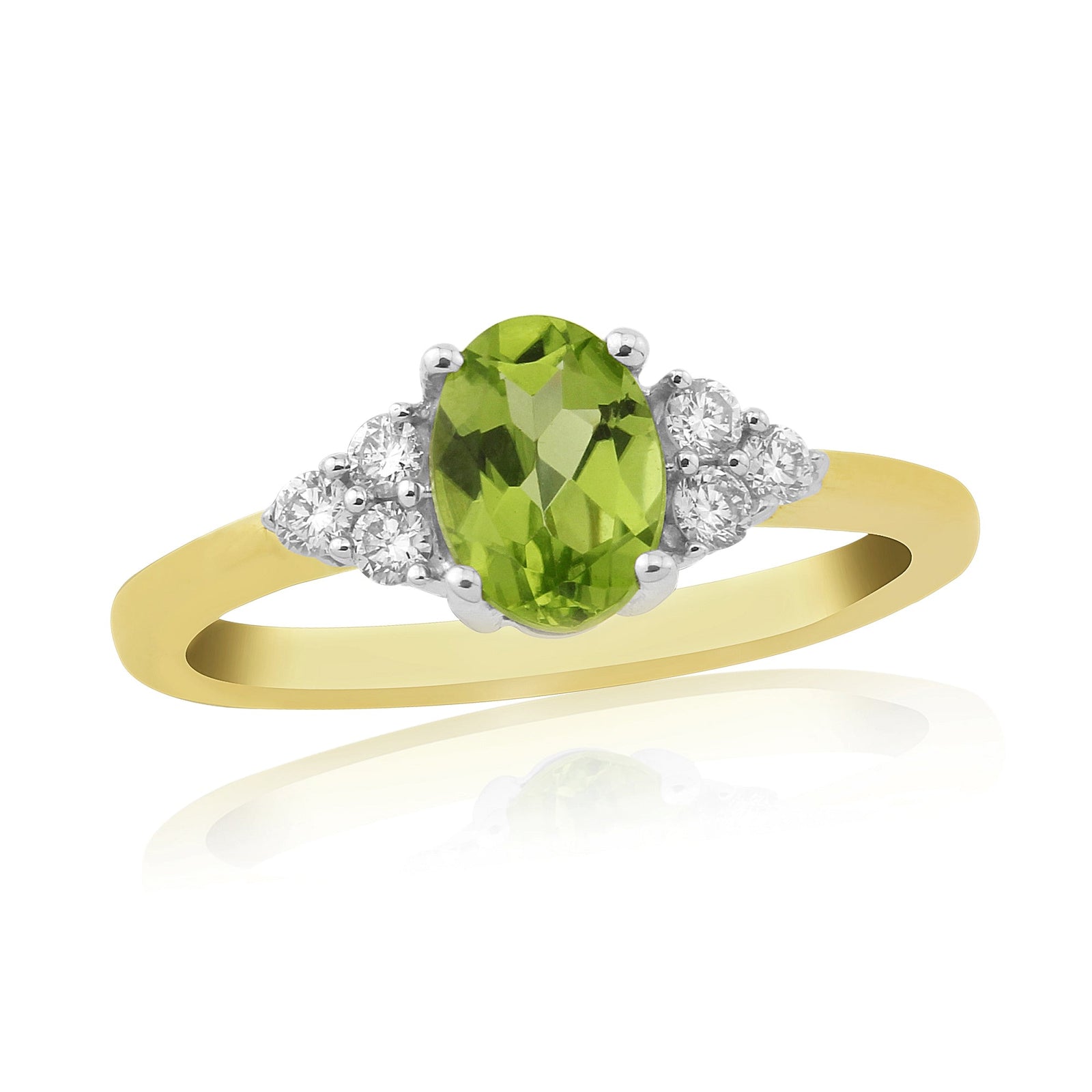 9ct gold 7x5mm oval peridot & triple diamond shoulders ring 0.15ct