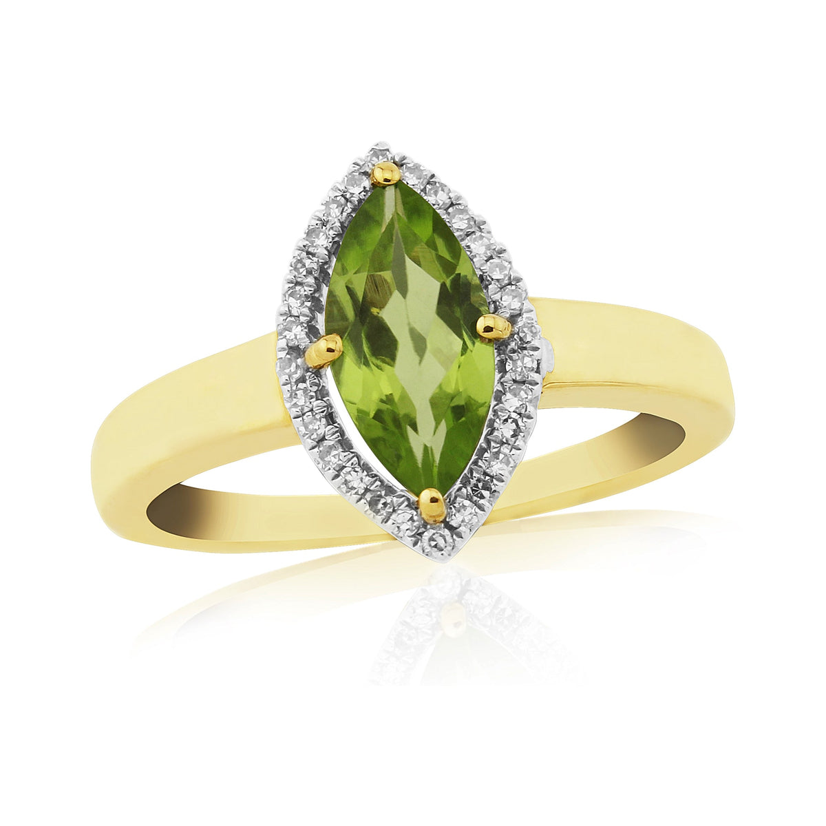 9ct gold 10x5mm marquise shape peridot &amp; diamond cluster ring 0.11ct