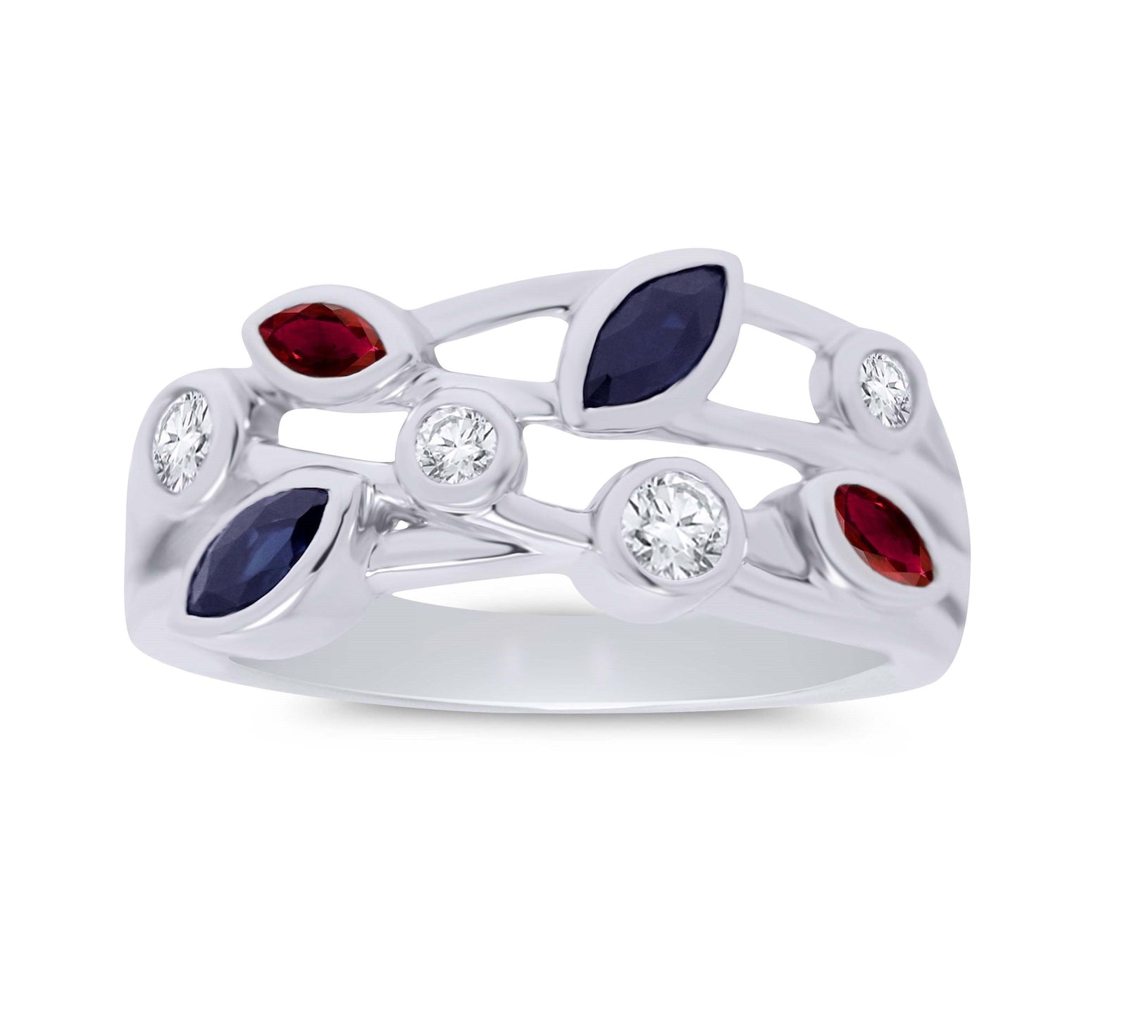 9ct white gold marquise shape ruby & sapphire & diamond 'bubble'style ring 0.25ct