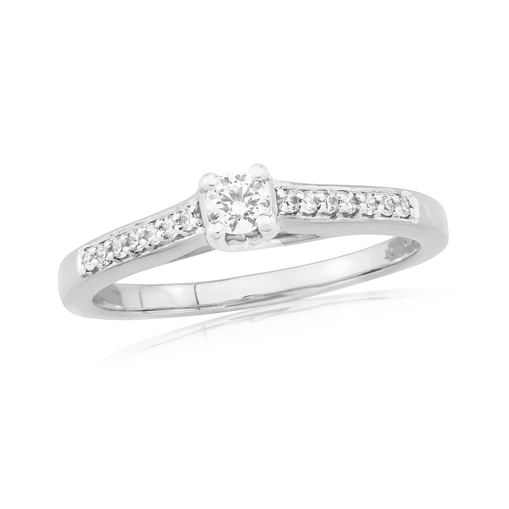 9ct white gold single stone diamond ring with diamond set shoulders 0.20ct