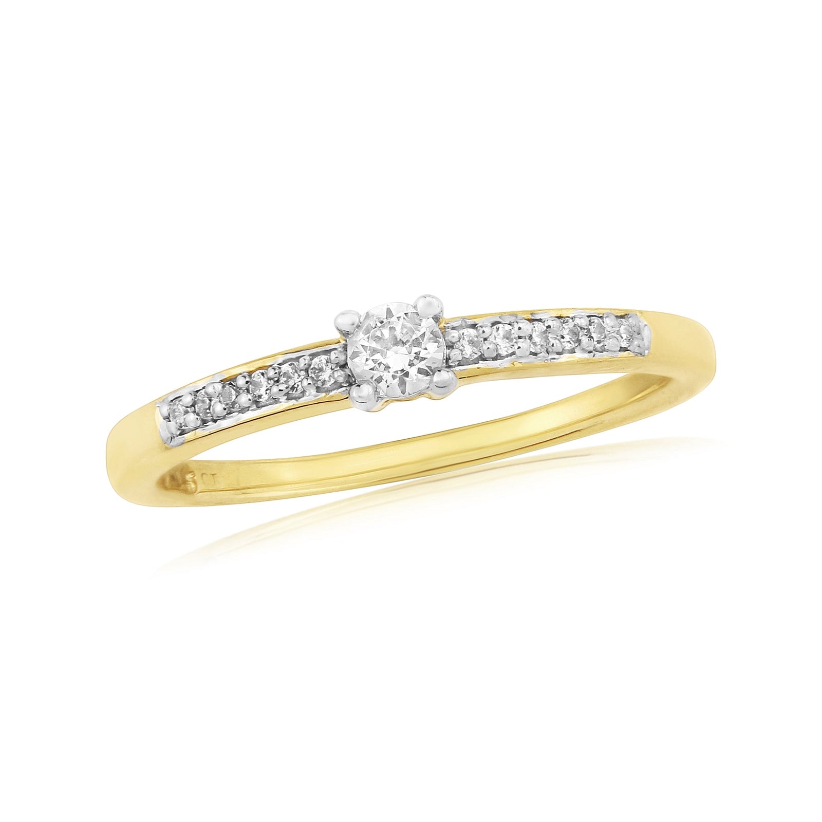 9ct gold single stone diamond ring with diamond set shoulders 0.15ct