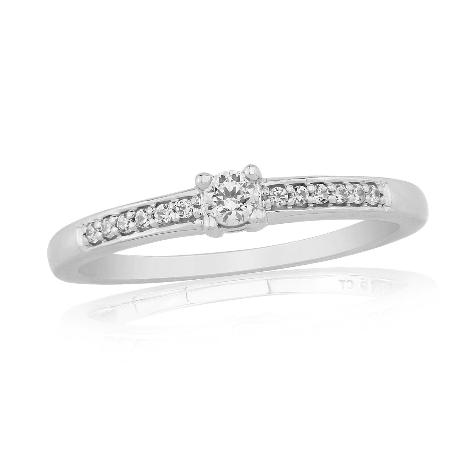 9ct white gold single stone diamond ring with diamond set shoulders 0.15ct