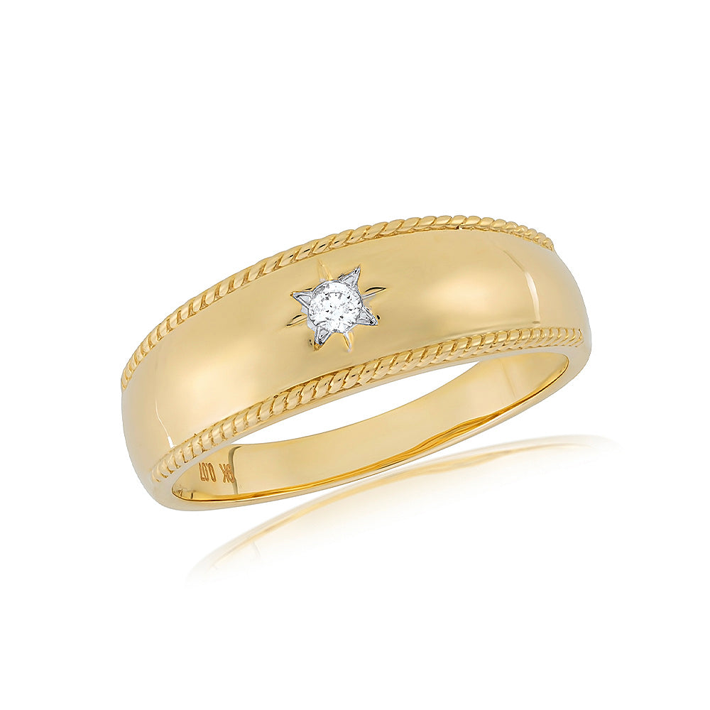 9ct gold star set single stone gents diamond ring with rope edge 0.07ct